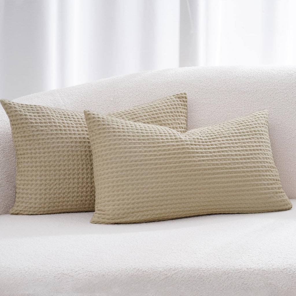 Phf 100% Cotton Waffle Weave Lumbar Pillow Cover 12' X 20', No Insert, 2 Pack Elegant Home Decorative Rectangle Throw Pillow C