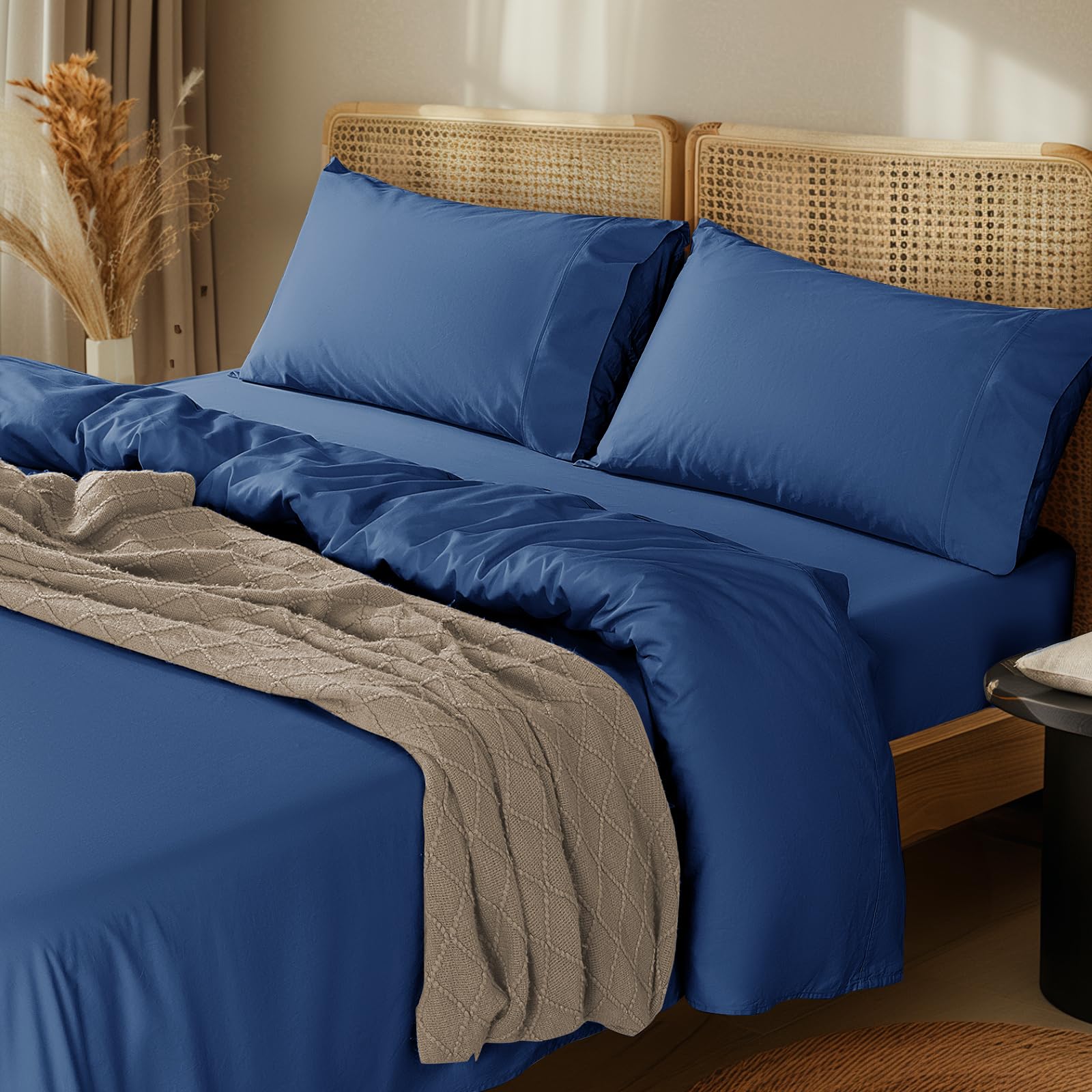Lbro2M 1000 Thread Count 100% Cotton Sheets Set,Full Size Bed Sheet 4 Piece Sets,Long Staple,16 Inches Deep Pocket,All Season,Be