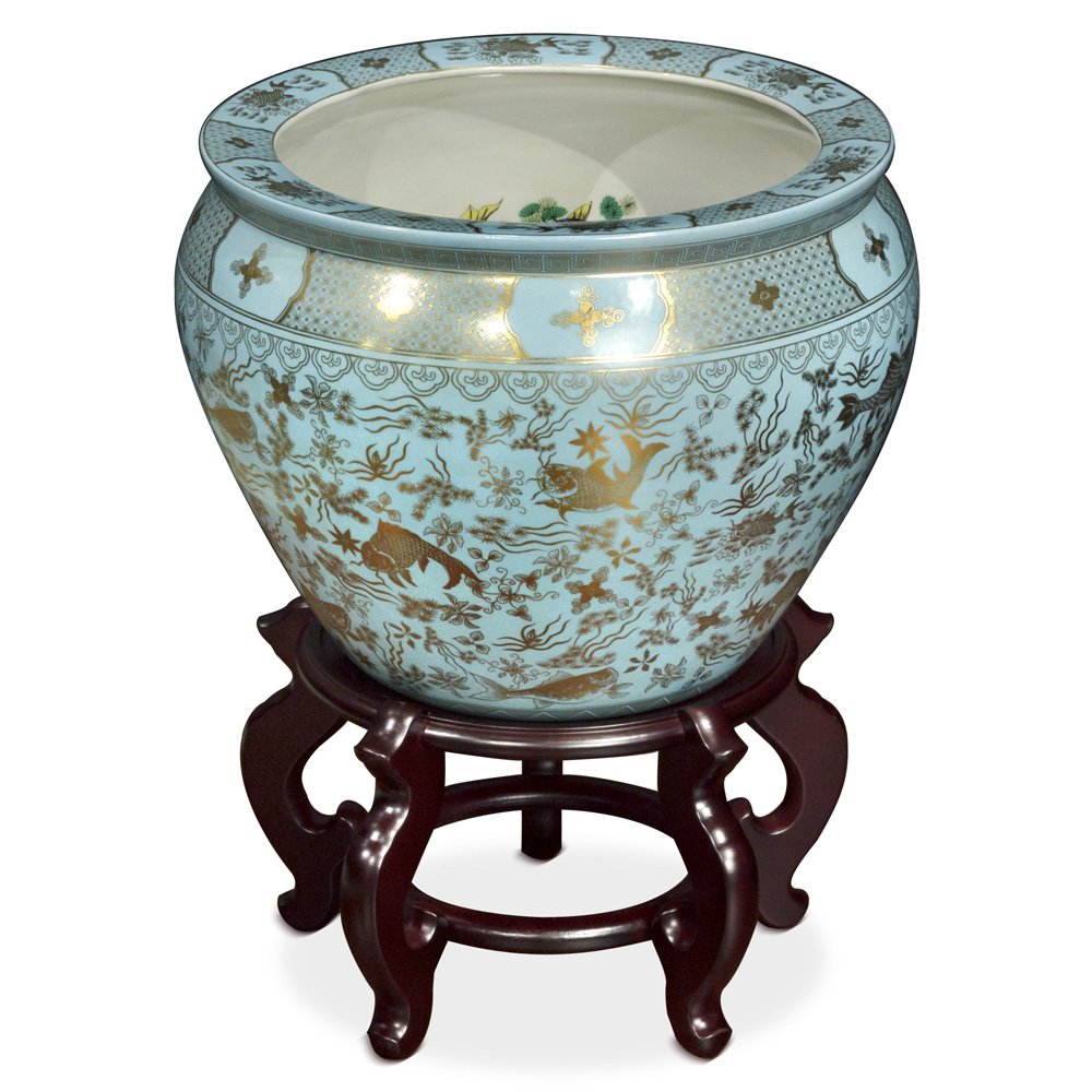 Chinafurnitureonline 15 Inch Blue Porcelain Goldfish Pond Chinese Fishbowl Planter