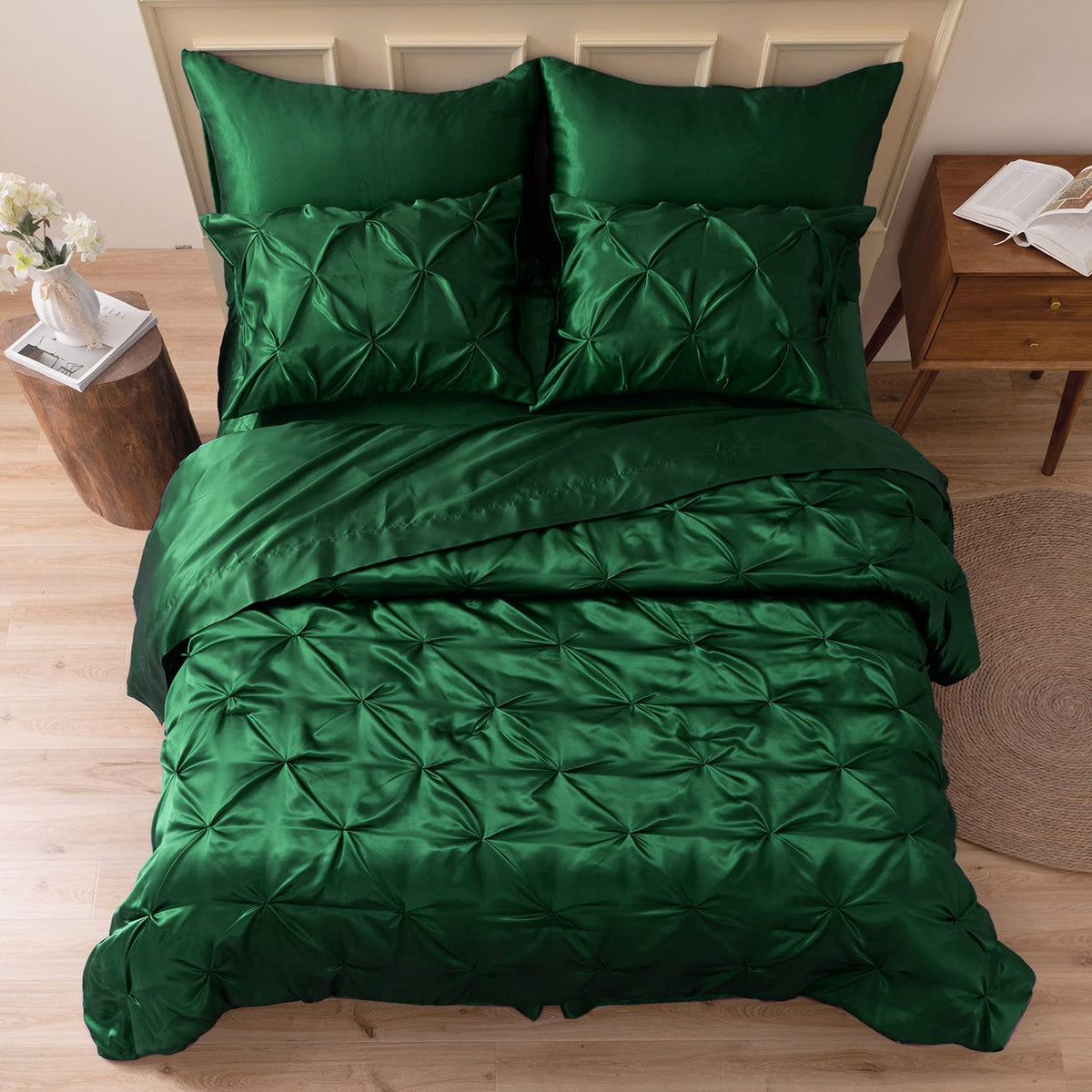Mr&Hm Satin Comforter California King 7 Pieces Dark Green - Luxurious Pinch Pleat Bedding Set With Comforter, Flat Sheet, Fitted