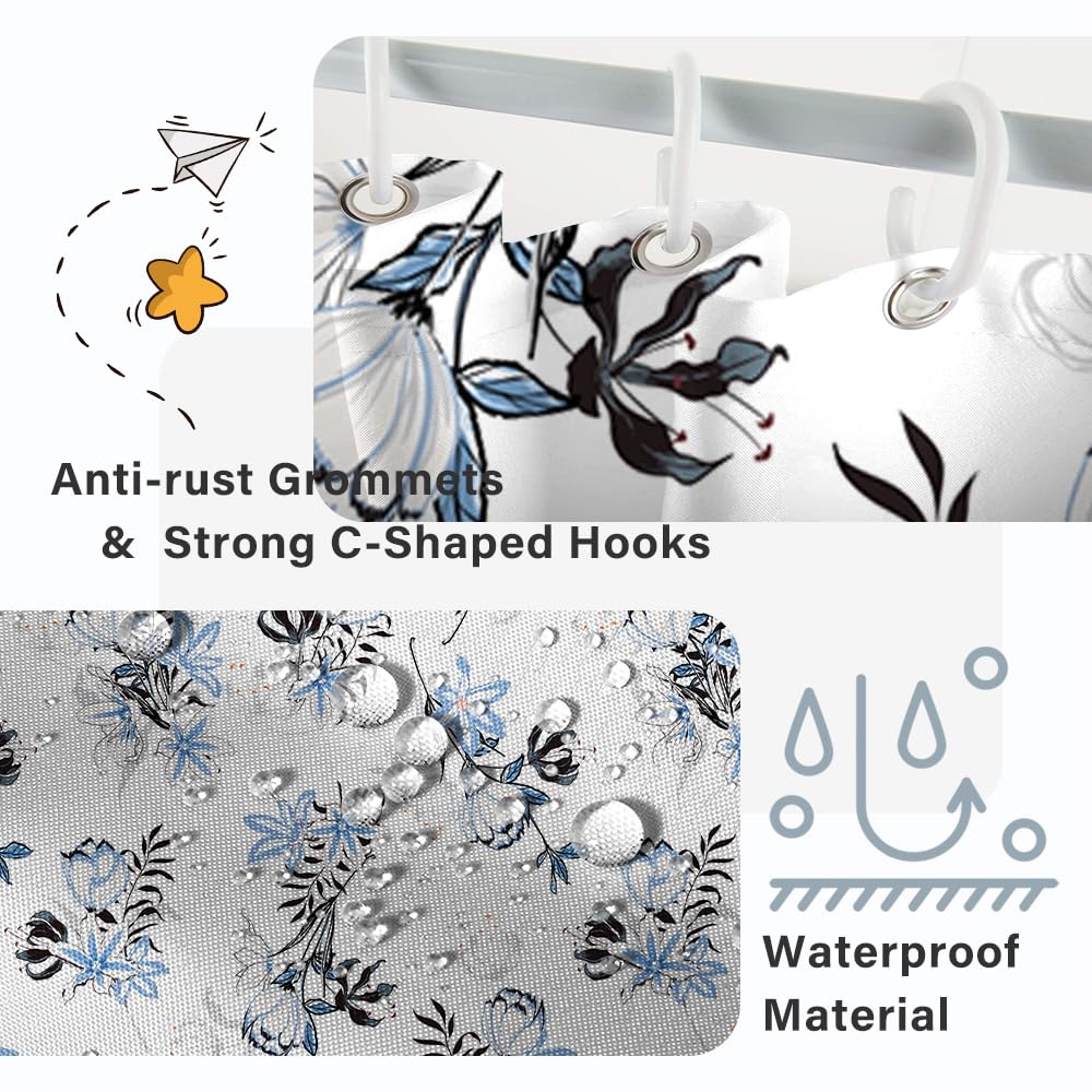 Ruelvth Stall Shower Curtain, Blue And Grey Floral Small Shower Curtain Waterproof Fabric Spring Flower Rv Shower Curtain Set Wi