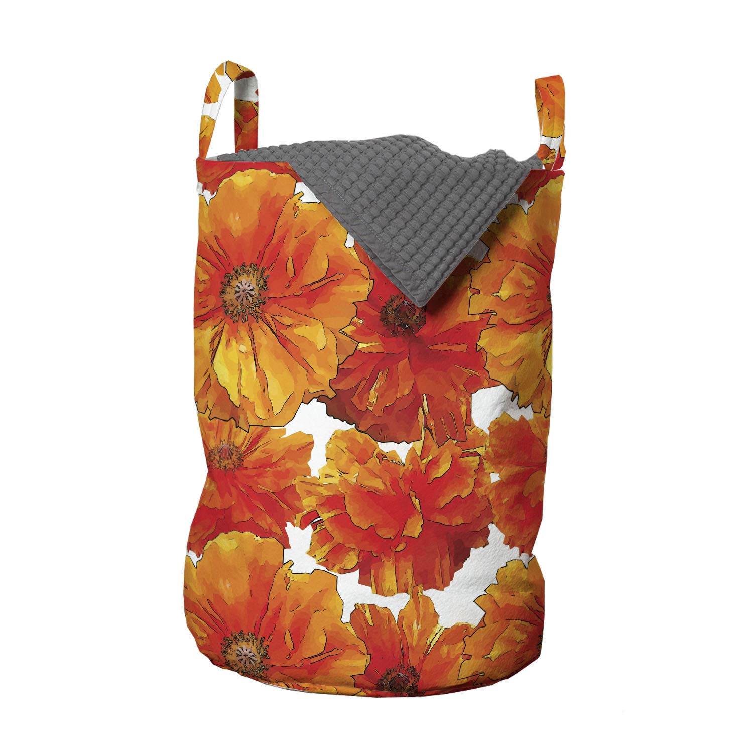Ambesonne Orange Laundry Bag, Big Flourishing Bohemian Poppies on The Antique Background Graphic Design, Hamper Basket with Hand