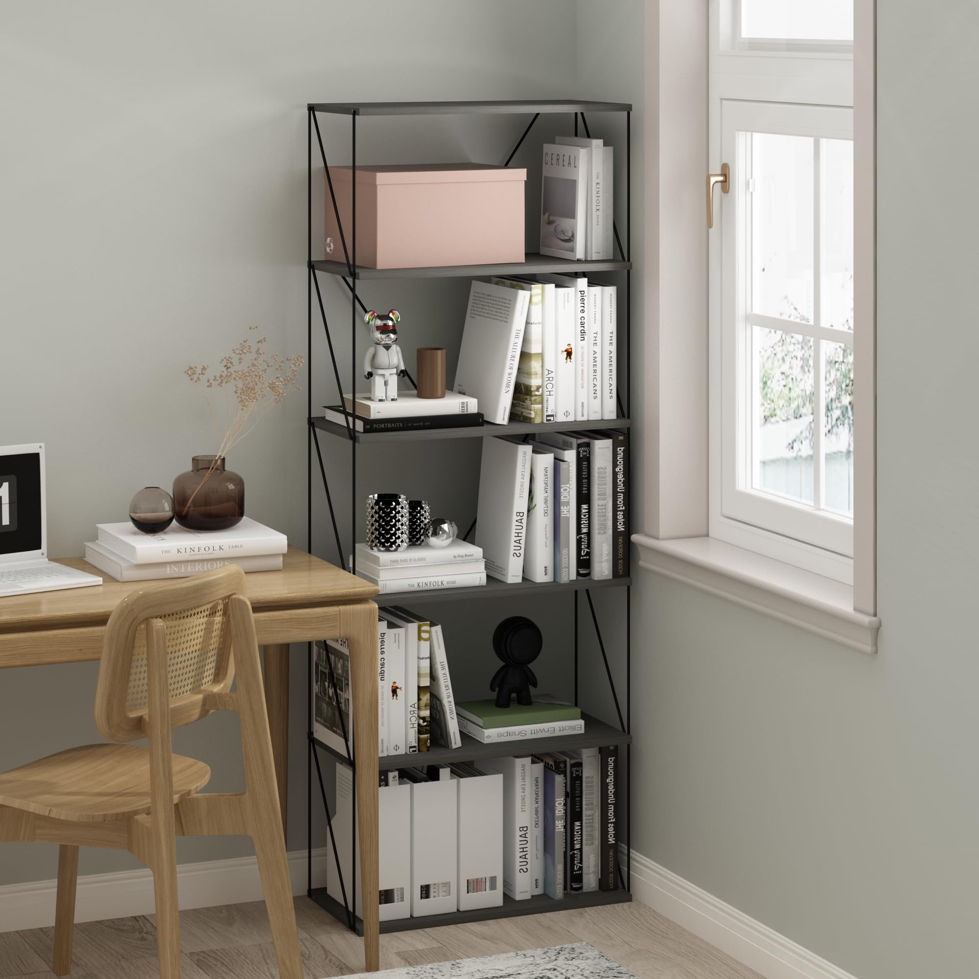 Furinno Rata 6-Tier Industrial Multipurpose Flat Base Shelf Display Rack with Metal Frame, Wide, French Oak Grey