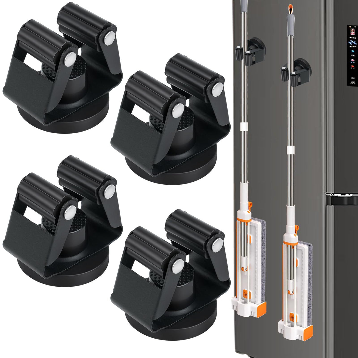 Haikole 4PCS Magnetic Broom Mop Holder Wall Mount,No Drill Tool Organizer With AntiSlip Rollers for Garage Kitchen RV Home Laun
