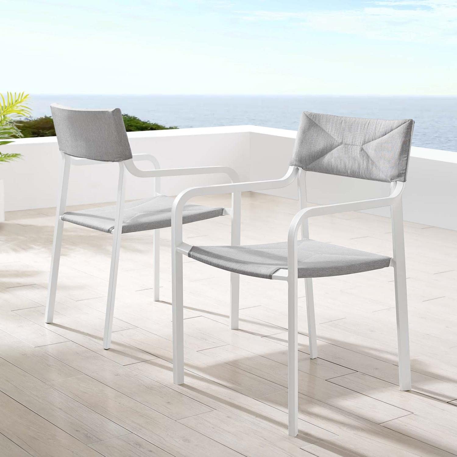 Modway Raleigh 34" Modern Fabric Outdoor Patio Armchair In White/Gray (Set Of 2)