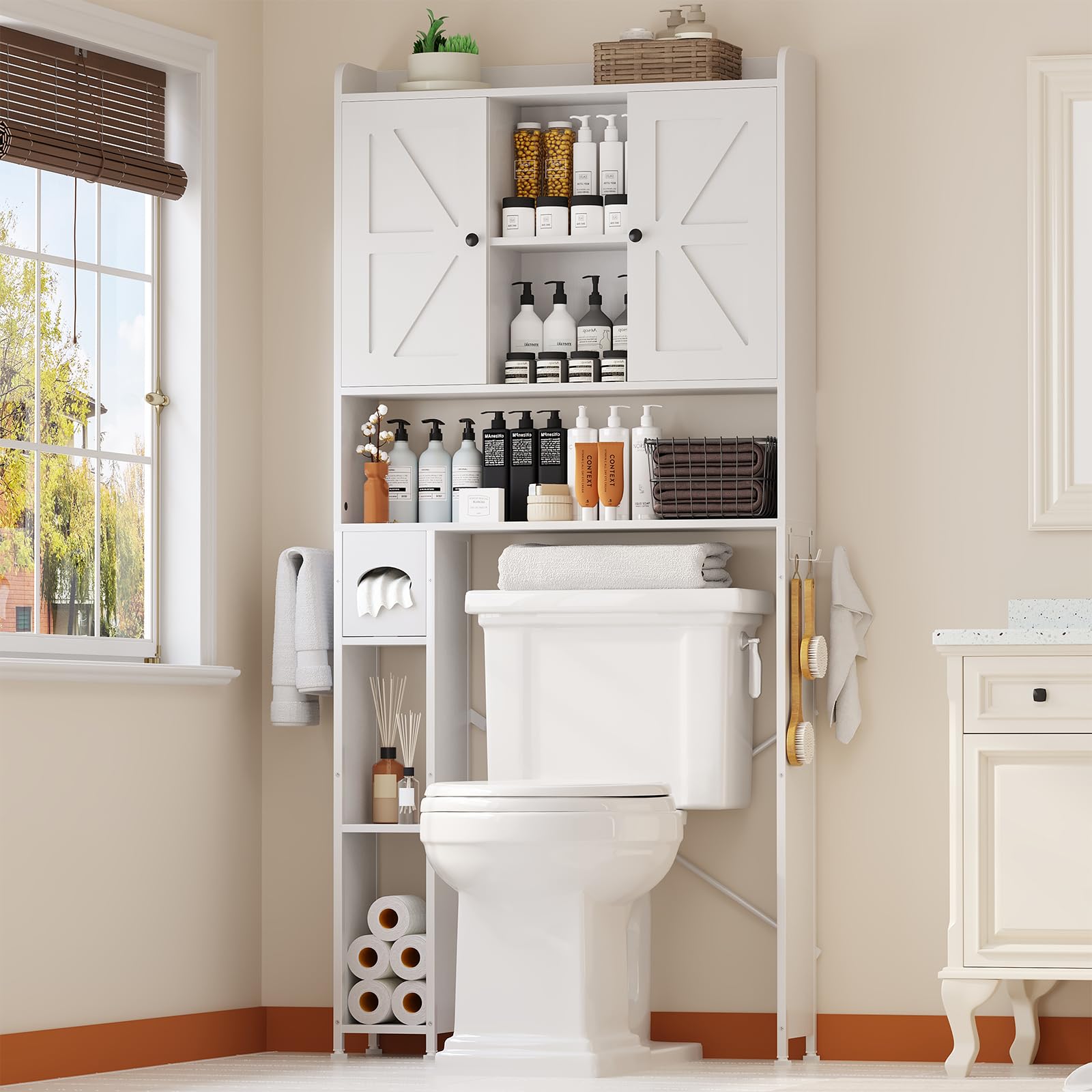 32W Over The Toilet Storage Cabinet with Metal Frame and 7 Storage Shelves, Bathroom Organizer with Adjustable Shelves and Paper