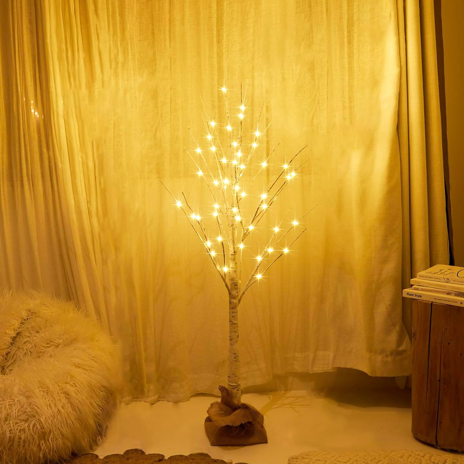 HOLILLUMA Lighted Brich Tree, 4FT 56 LED Christmas Tree with Burlap Decor, Warm White, IP44 Waterproof, Power Supply by Adaptor,