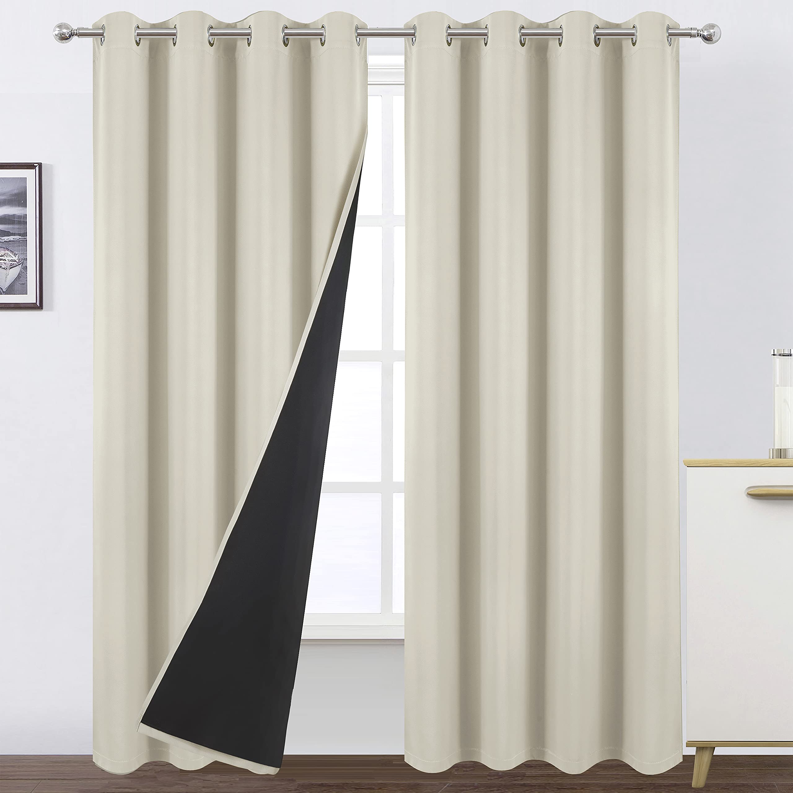 Lemomo 100% Blackout Curtains With Black Liner 52 X 95 Inch/Light Beige Curtains 2 Panels Room Darkening Thermal Insulated Bedro