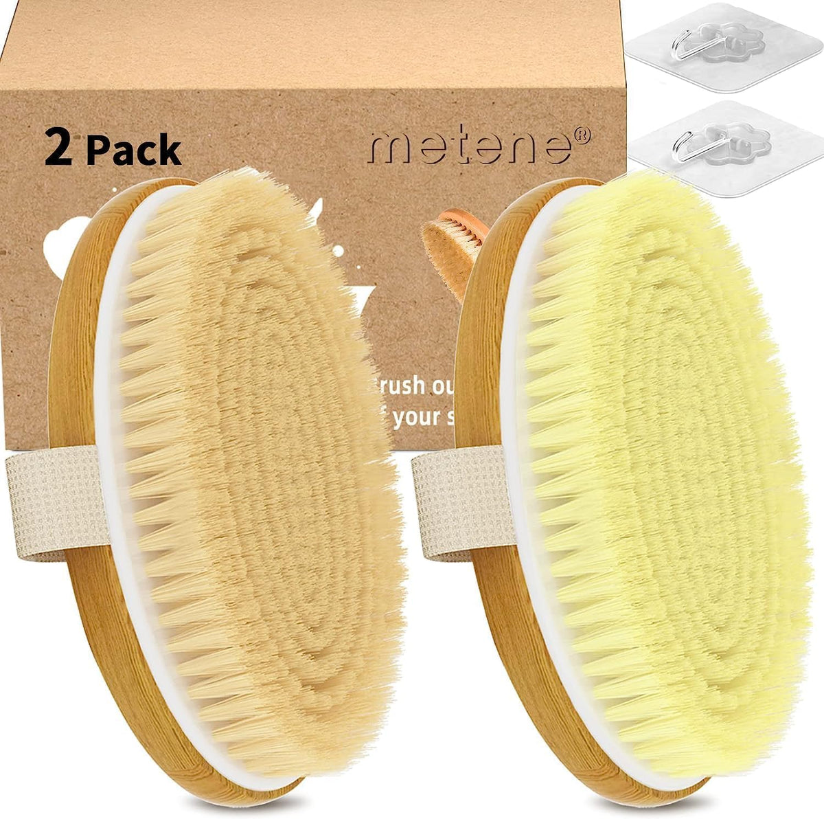 Metene 2 Pack Dry Body Brushes, Exfoliating Body Scrubbers, Natural Bristles for Dry Skin, Improve Circulation, Stop Ingrown Hai