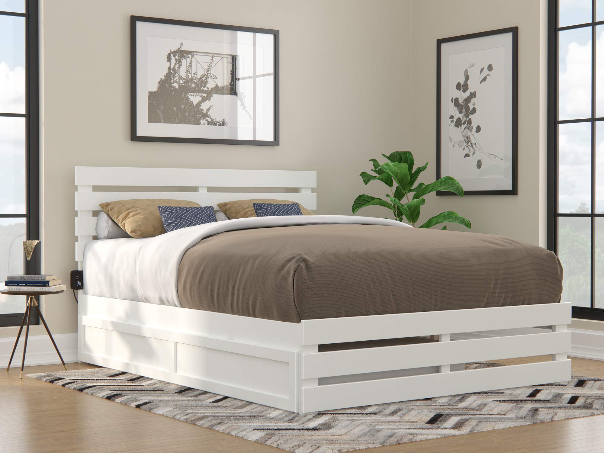 AFI Oxford Queen Size Platform Bed with Footboard & Twin XL Trundle in White