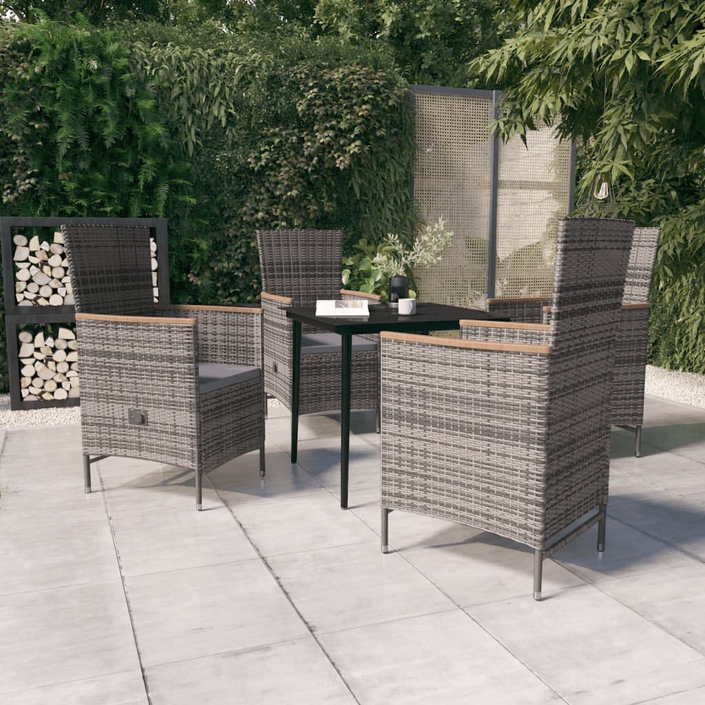 vidaXL Stylish 5-Piece Patio Dining Set with Cushions – Gray | Outdoor Furniture Set with Reclining PE Rattan Chairs & Glass Top Table | Lightweight, Durable & Comfortable
