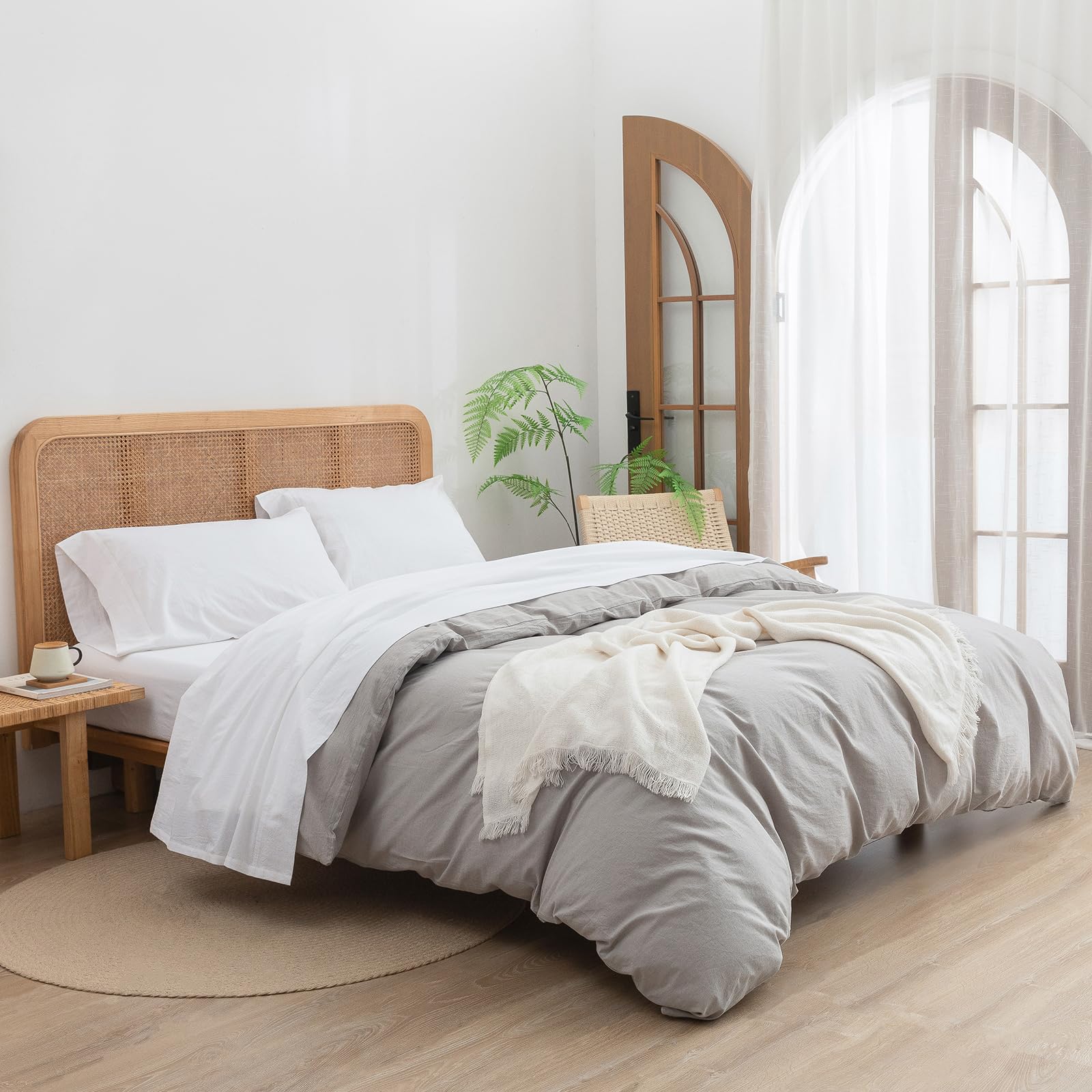 Bestouch Sheet Set 100% Washed Cotton Linen Feel Super Soft Comfortable Chic Lightweight 4 Pcs Home Bedding Set Solid Bright Whi