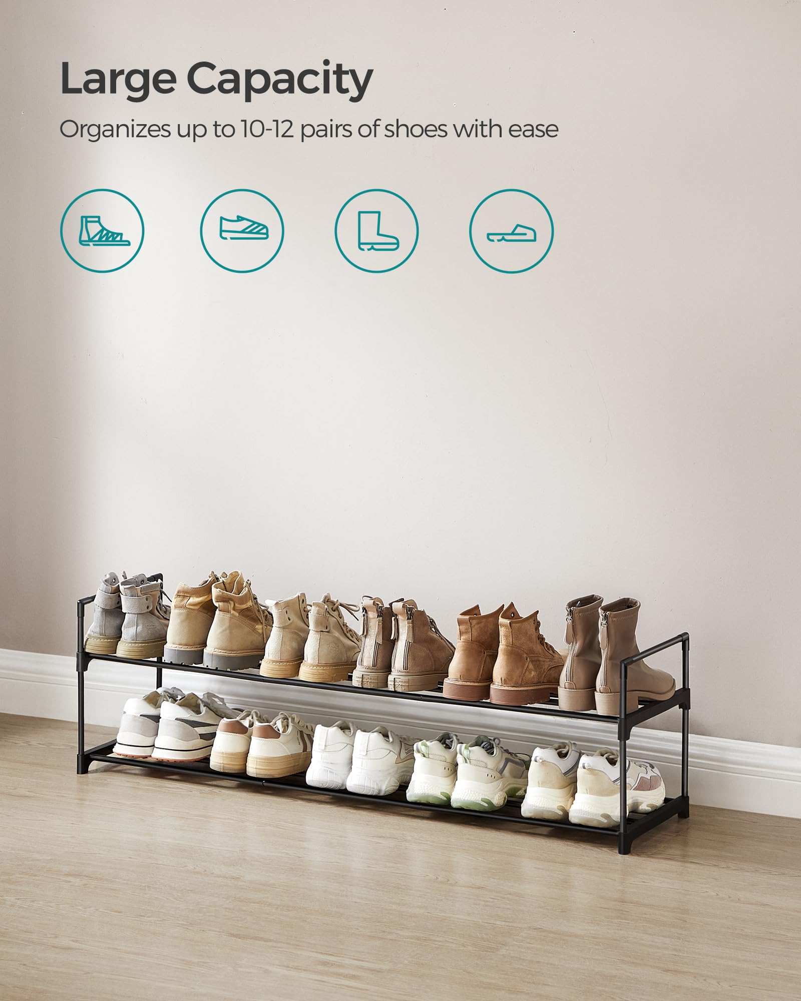 Songmics Shoe Rack, 2 Tier Shoe Organizer, Metal Shoe Storage Shelf For 12 Pairs Of Shoes, Easy To Assemble, Entryway, Black Ulsa032B01