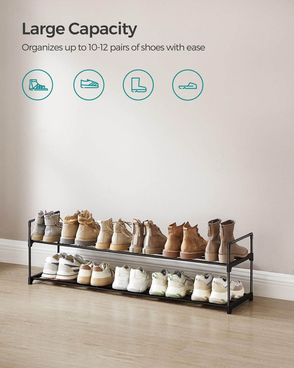 Songmics Shoe Rack, 2 Tier Shoe Organizer, Metal Shoe Storage Shelf For 12 Pairs Of Shoes, Easy To Assemble, Entryway, Black Ulsa032B01