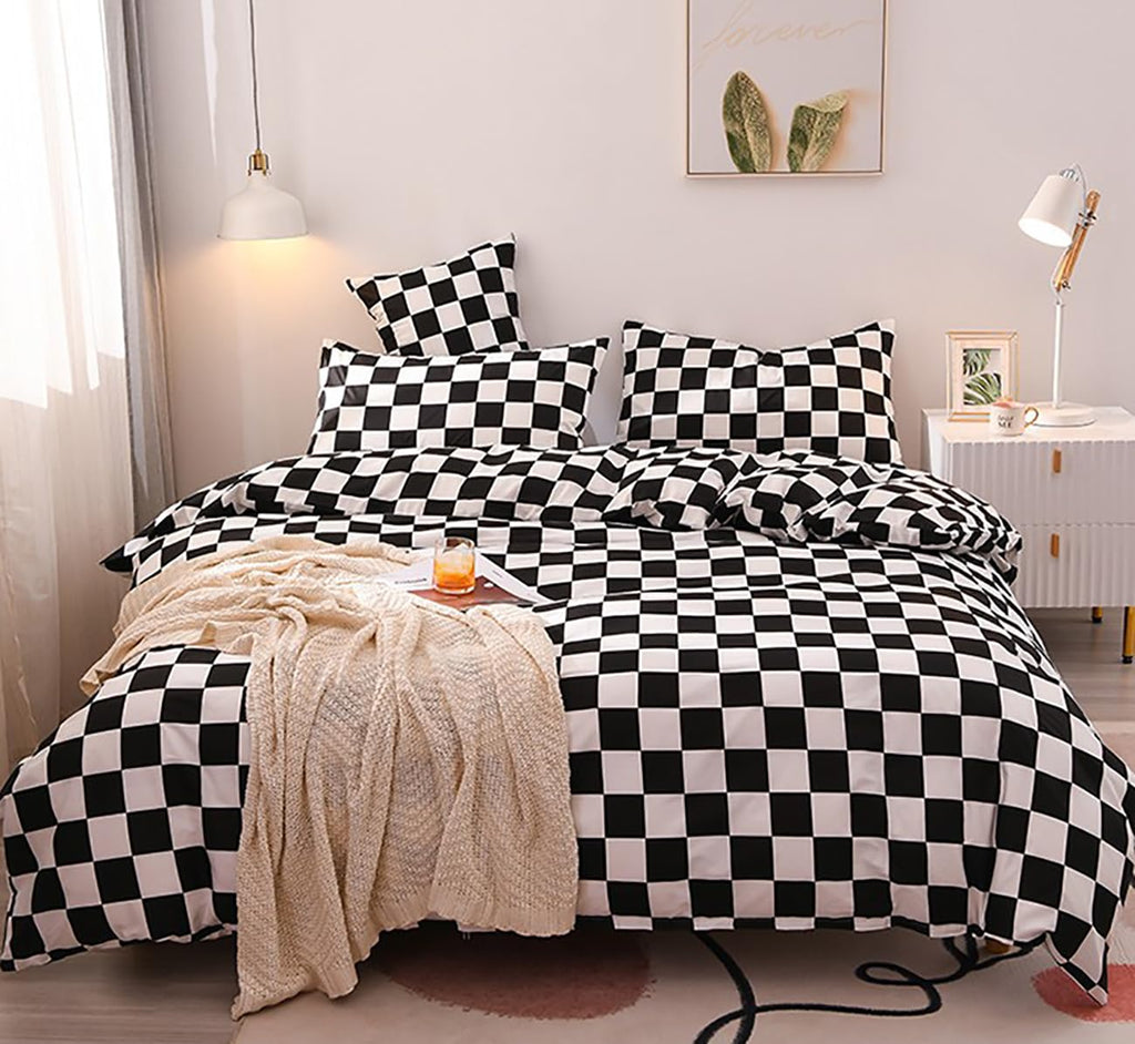 KAREVER Black White Grid Comforter Set King Black Plaid Bedding Set Women Black and White Checkered Bed Comforter Set Breathable