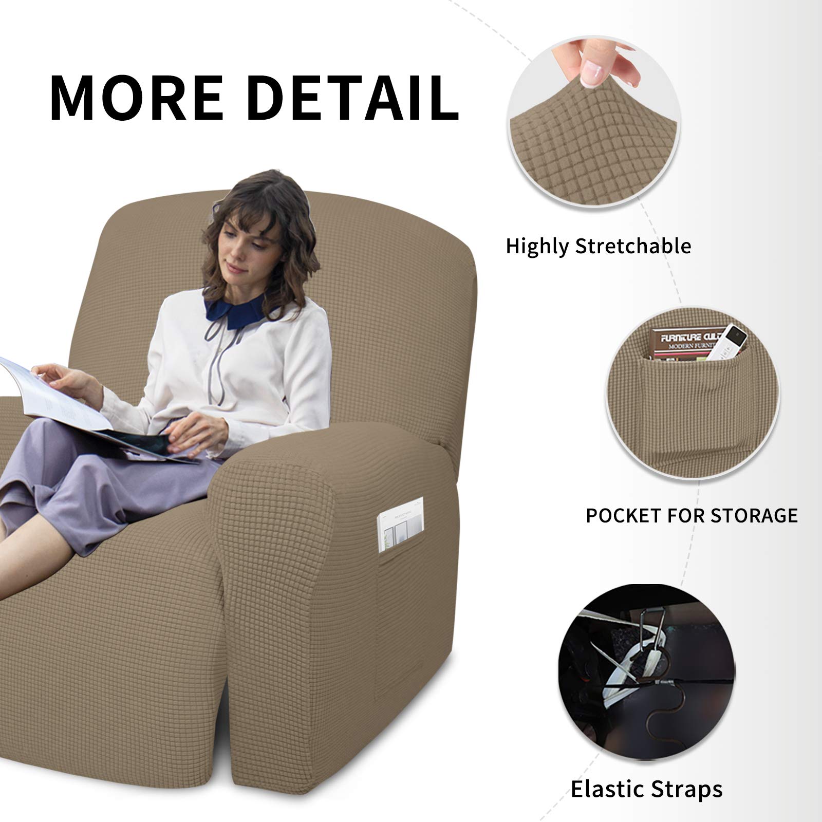 Easy-Going 4 Pieces Oversized Recliner Stretch Sofa Slipcover Sofa Cover Furniture Protector Couch Soft With Elastic Bottom Polyester Spandex Jacquard Fabric Small Checks Natural