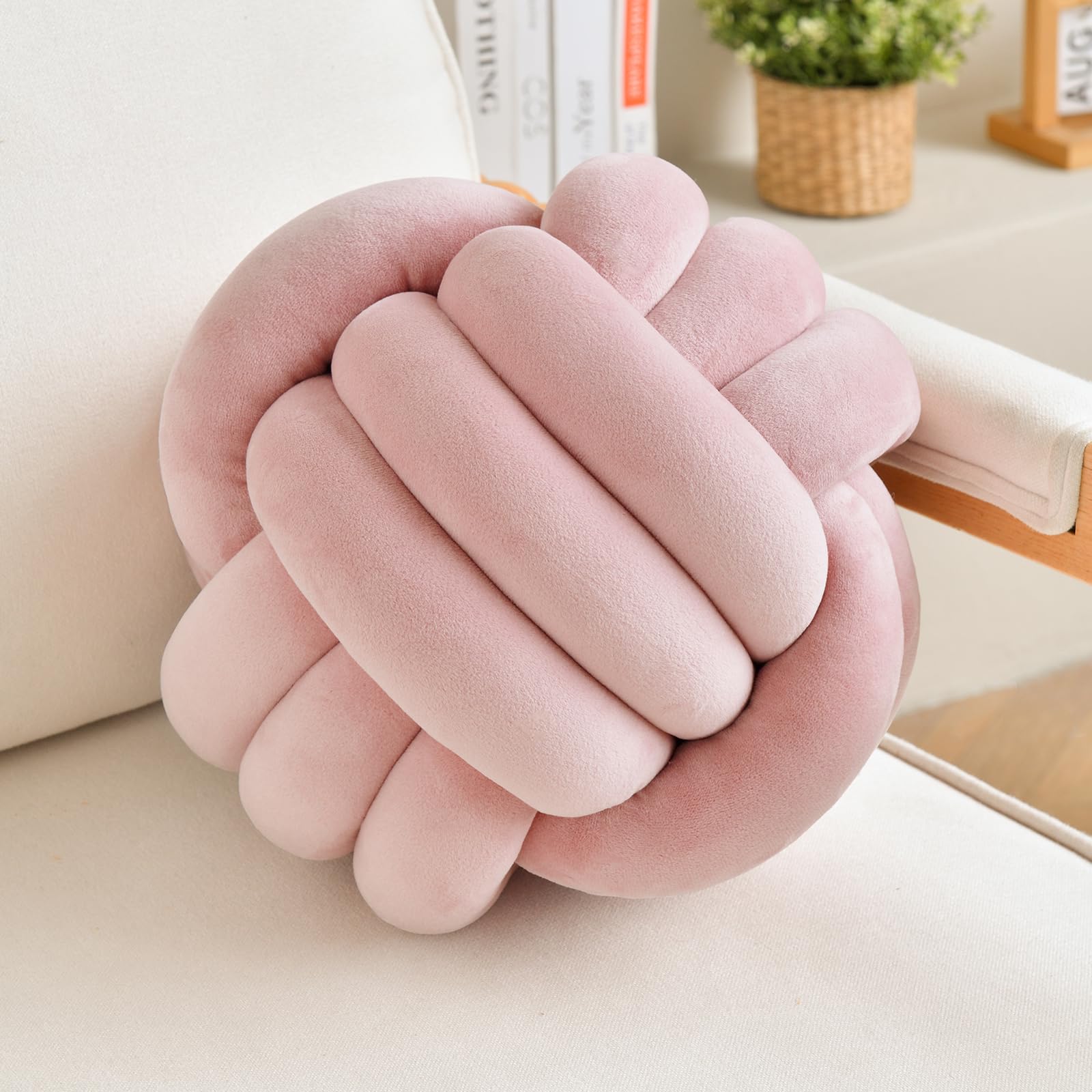 Lusjnge Decorative Throw Knot Pillow Ball For Home Chair Sofa Aesthetic Round Velvet Knotted Pillow Cushion (Dusty Pink, 8.7Inch
