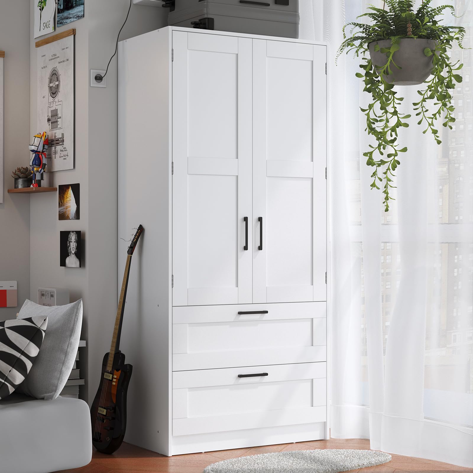 Fddevelop Wood White Wardrobe Closet with 2 Doors