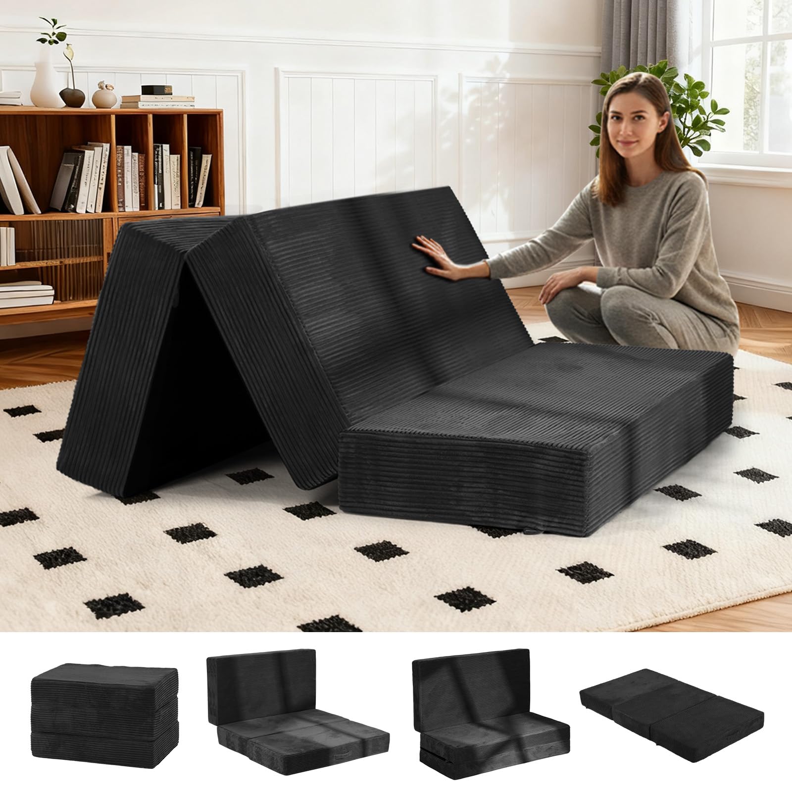 6-Inch Tri-Fold Foldable Mattress, Folding Sofa Bed with Removable Washable Cover, Portable Futon Mattress Full Size Floor Guest