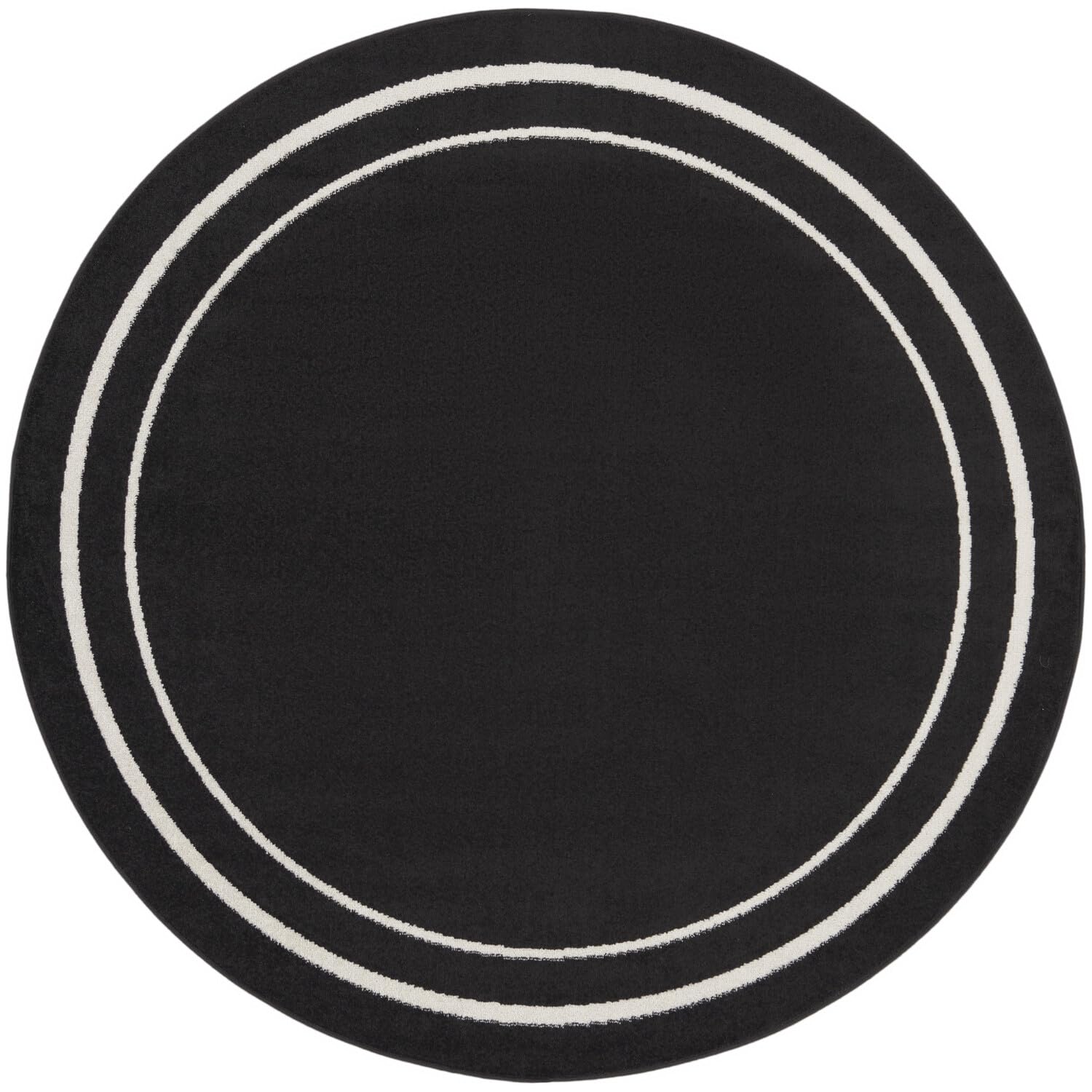 Nourison Essentials Indoor/Outdoor Solid Bordered Black Ivory 4' X Round Area Rug, Easy Cleaning, Non Shedding, Bed Room, Living