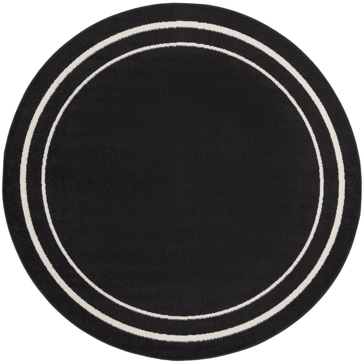 Nourison Essentials Indoor/Outdoor Solid Bordered Black Ivory 6' X Round Area Rug, Easy Cleaning, Non Shedding, Bed Room, Living