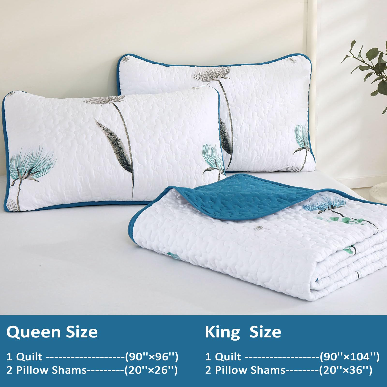 King Size Quilt Set Floral,3 Pieces Teal & White Quilts Coverlet Set Flower Bedspreads Bed Cover Lightweight Grey Quilt Boho Bed