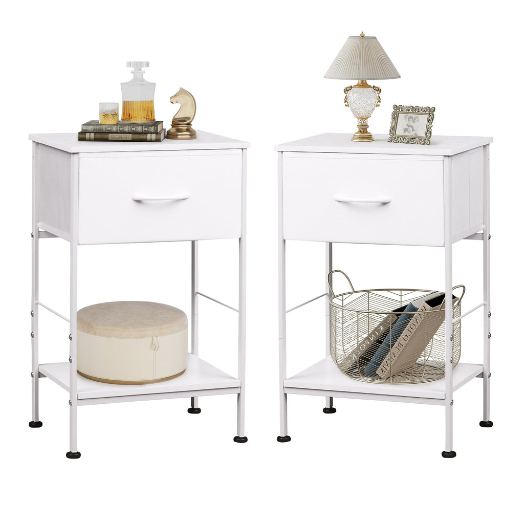 Wlive Night Stand Set 2, White Nightstand With Fabric Storage Drawer And Open Wood Shelf, End Tables Dresser For Bedroom, Bed Side Table, Dorm, 25.03' Height