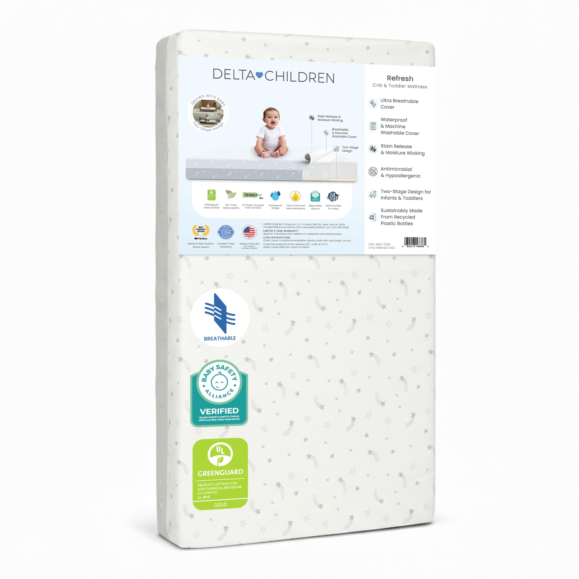 Delta Children Refresh 2-Stage Crib and Toddler Mattress - Breathable Cover and Core - Machine Washable - GREENGUARD Gold - Wate