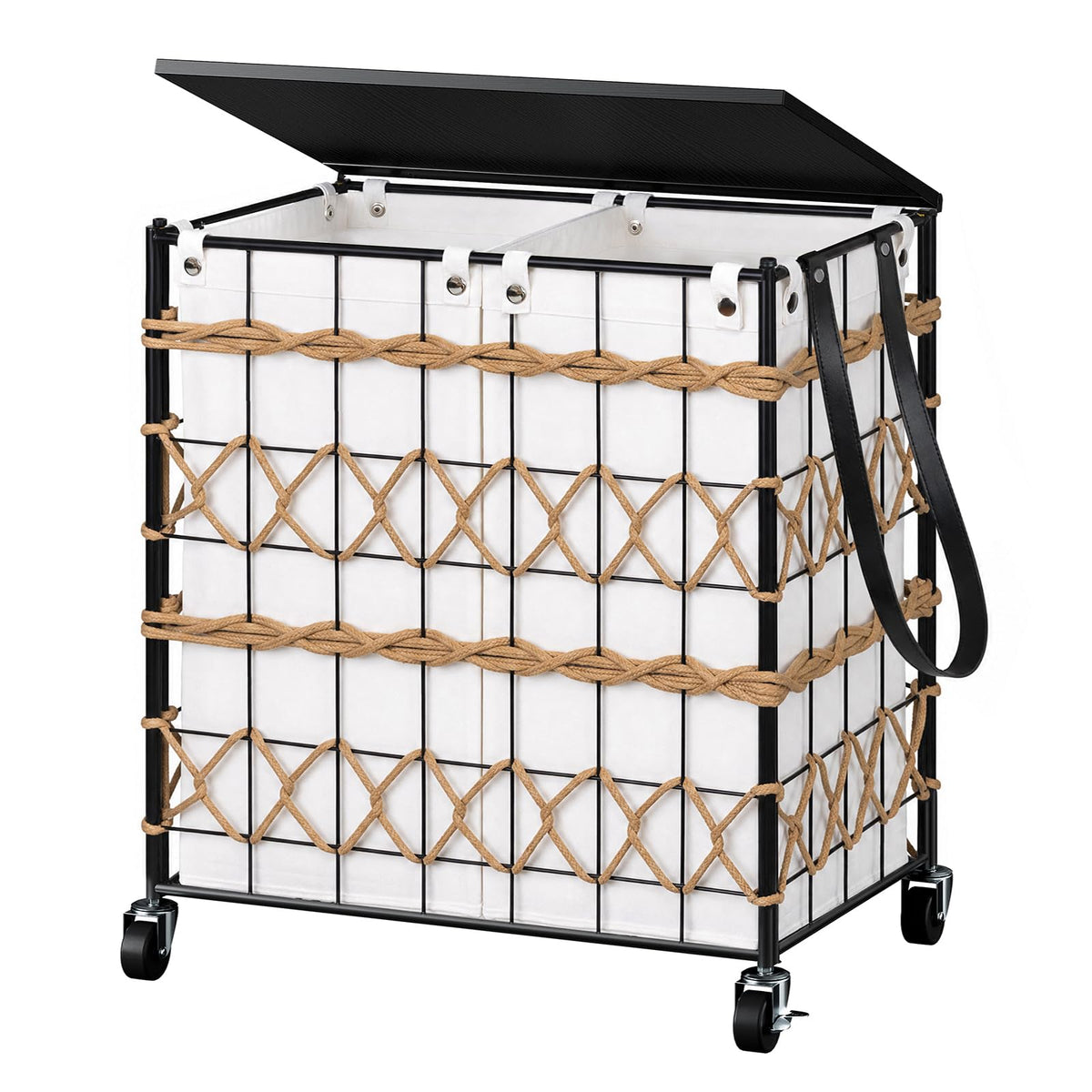 Double Laundry Hamper with Wheels and Lid, 120L Handwoven Laundry Basket