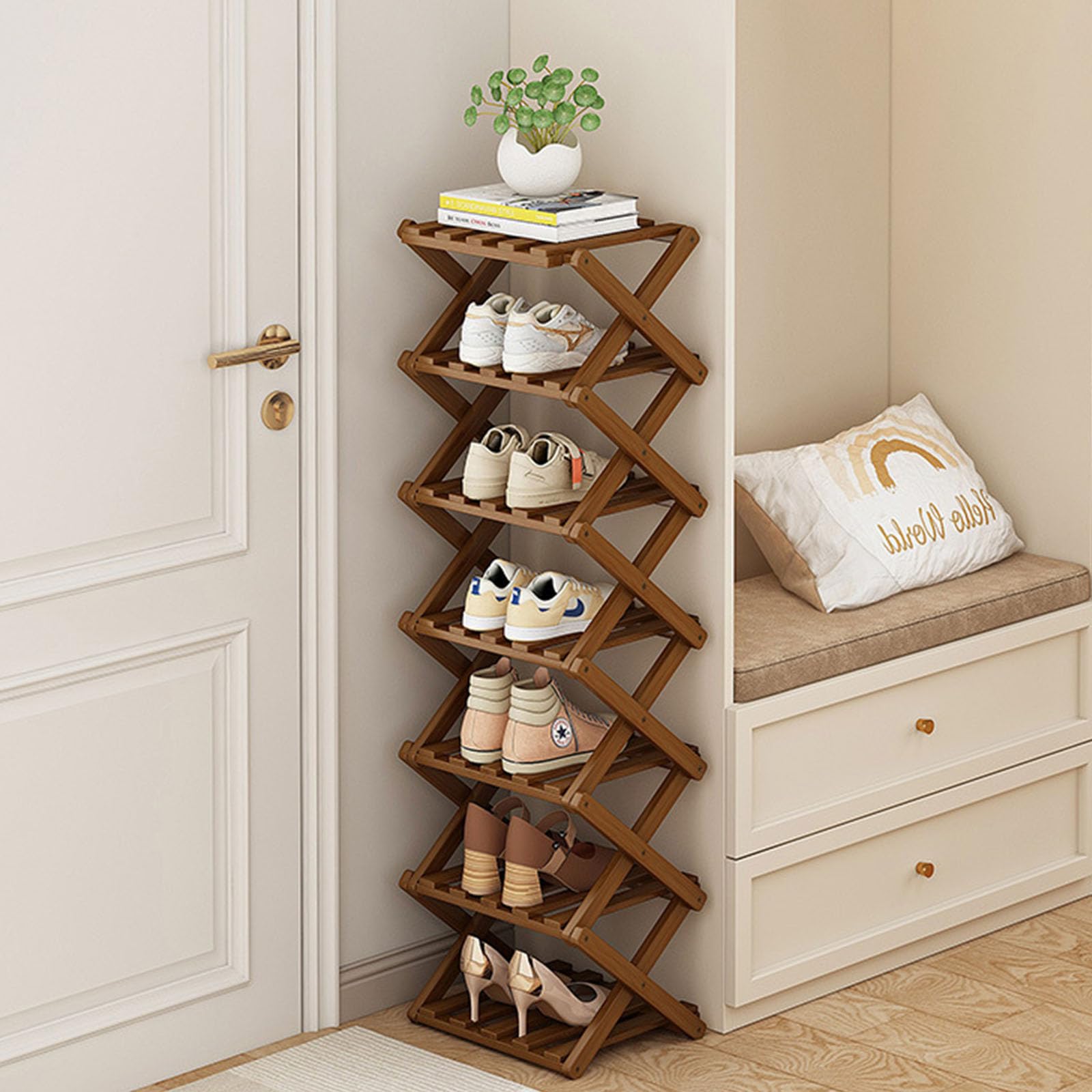 Narrow Shoe Rack - Shoe Storage Organiser- Vertical Bamboo Foldable Shoes Shelf for Entryway, Closet, Bedroom, Hallway ([Tawny] 