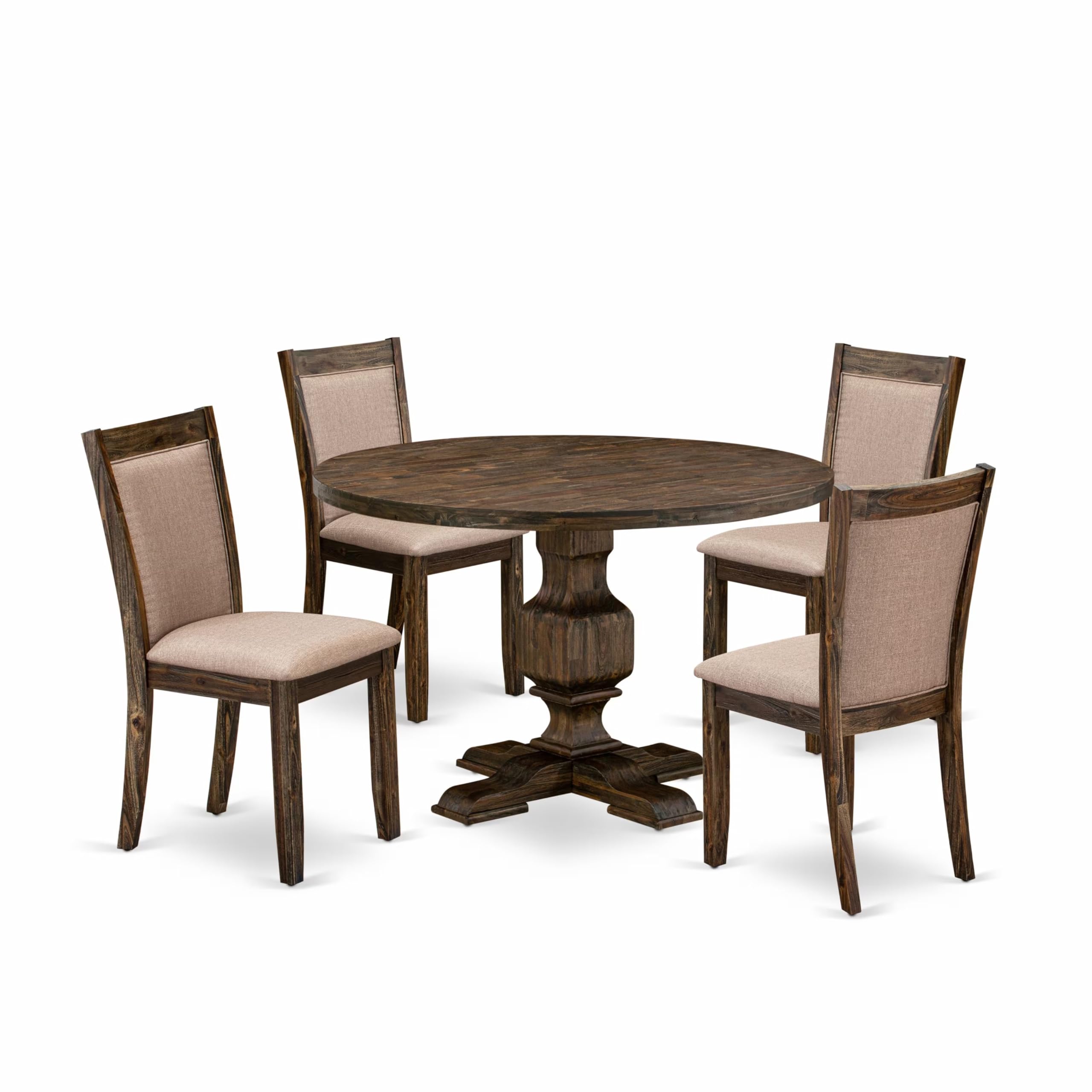 East West Furniture I3MZ5-716 5 Piece Dining Table Set for 4 Includes a Round Kitchen Table with Pedestal and 4 Dark Khaki Linen Fabric Parson Dining Chairs, 48x48 Inch, Distressed Jacobean