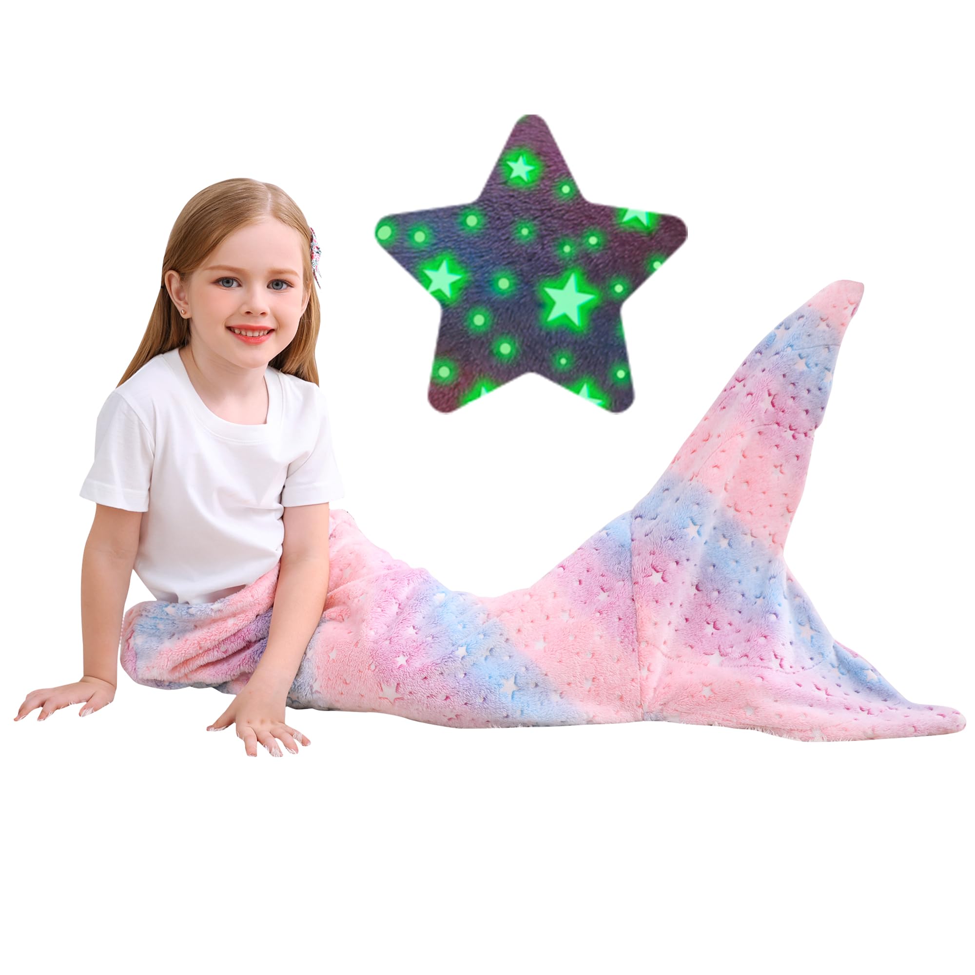 Softan Kids Mermaid Tail Blanket,Glow In The Dark Blanket For Girls, Soft Flannel Fleece Toddler Mermaid Blanket With Glitering