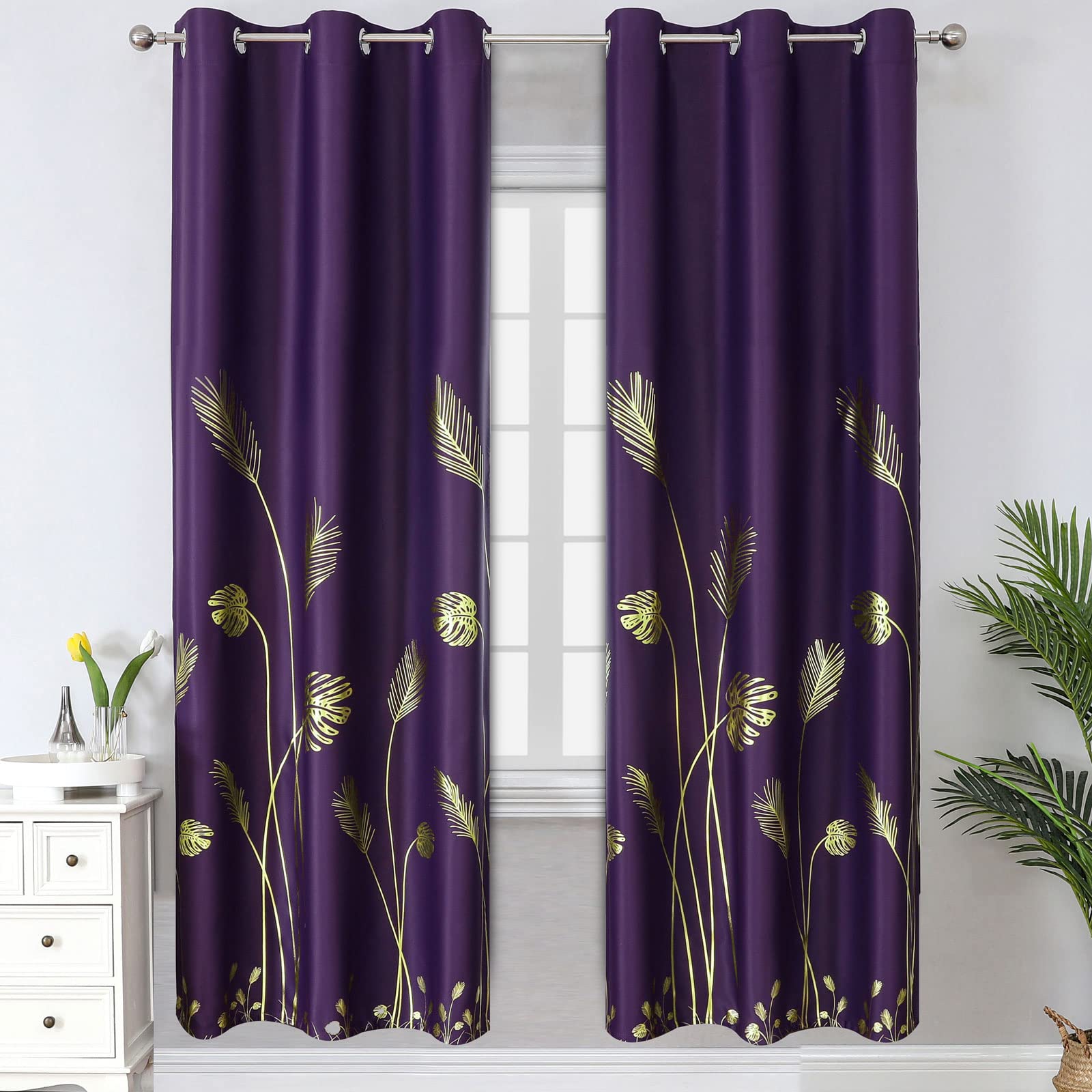 Estelar Textiler Purple Blackout Curtains For Bedroom, Room Darkening Gold Palm Tree Pattern Curtains 72 Inches Long, Light Bloc