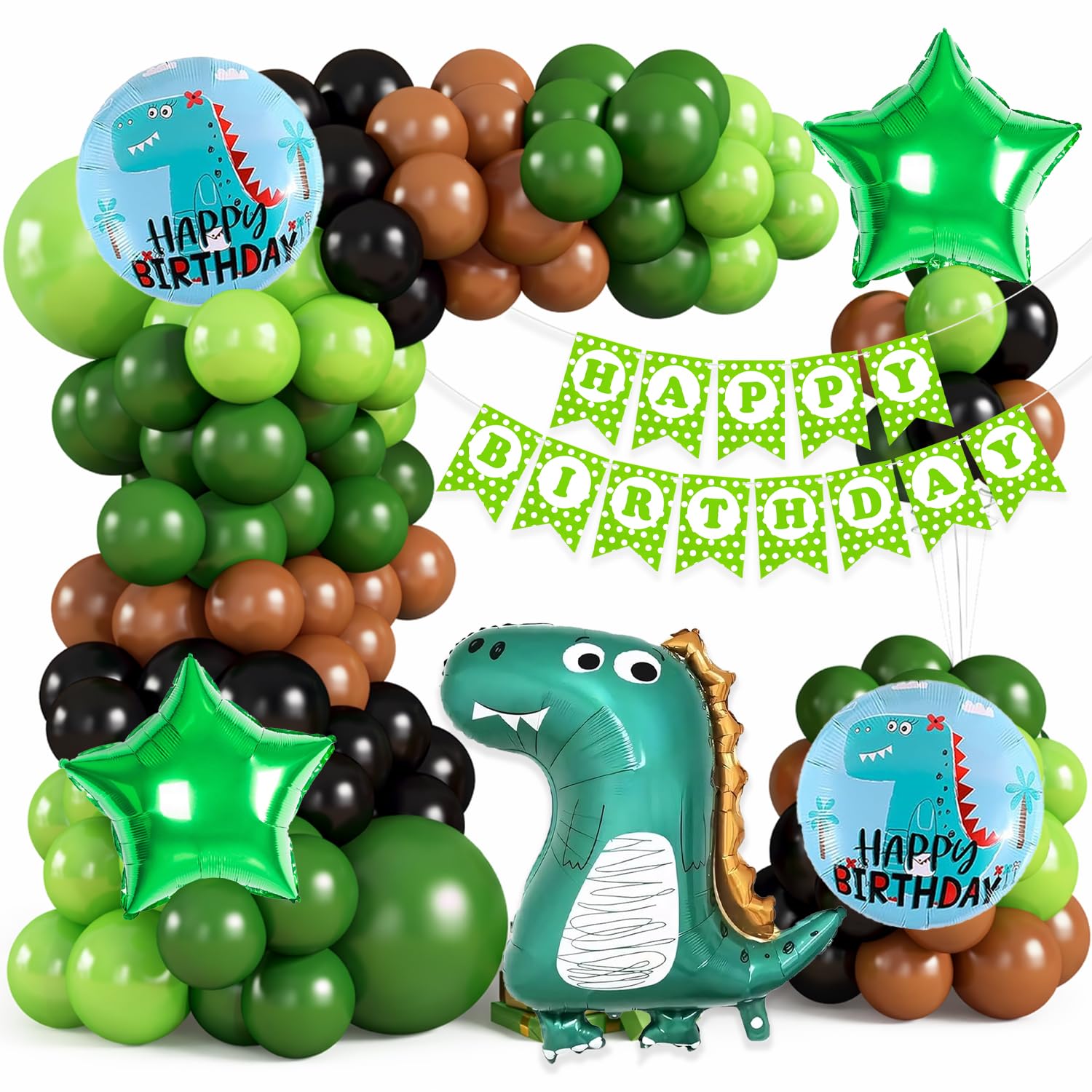 Velunza Set Of 46 Pcs Dinosaur Theme Birthday Decoration Kit With Happy Birthday Paper Banner, Green Star, Dino & Latex Balloons