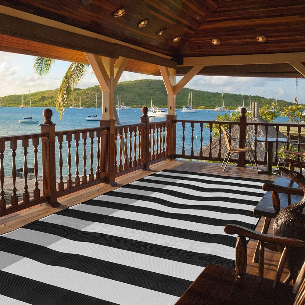 Pcinfuns Plastic Straw Rug,Patio Rugs Rv Camping Rug Reversible Mat,4'X6' Large Floor Mat And Rug For Outdoor,Black And White St