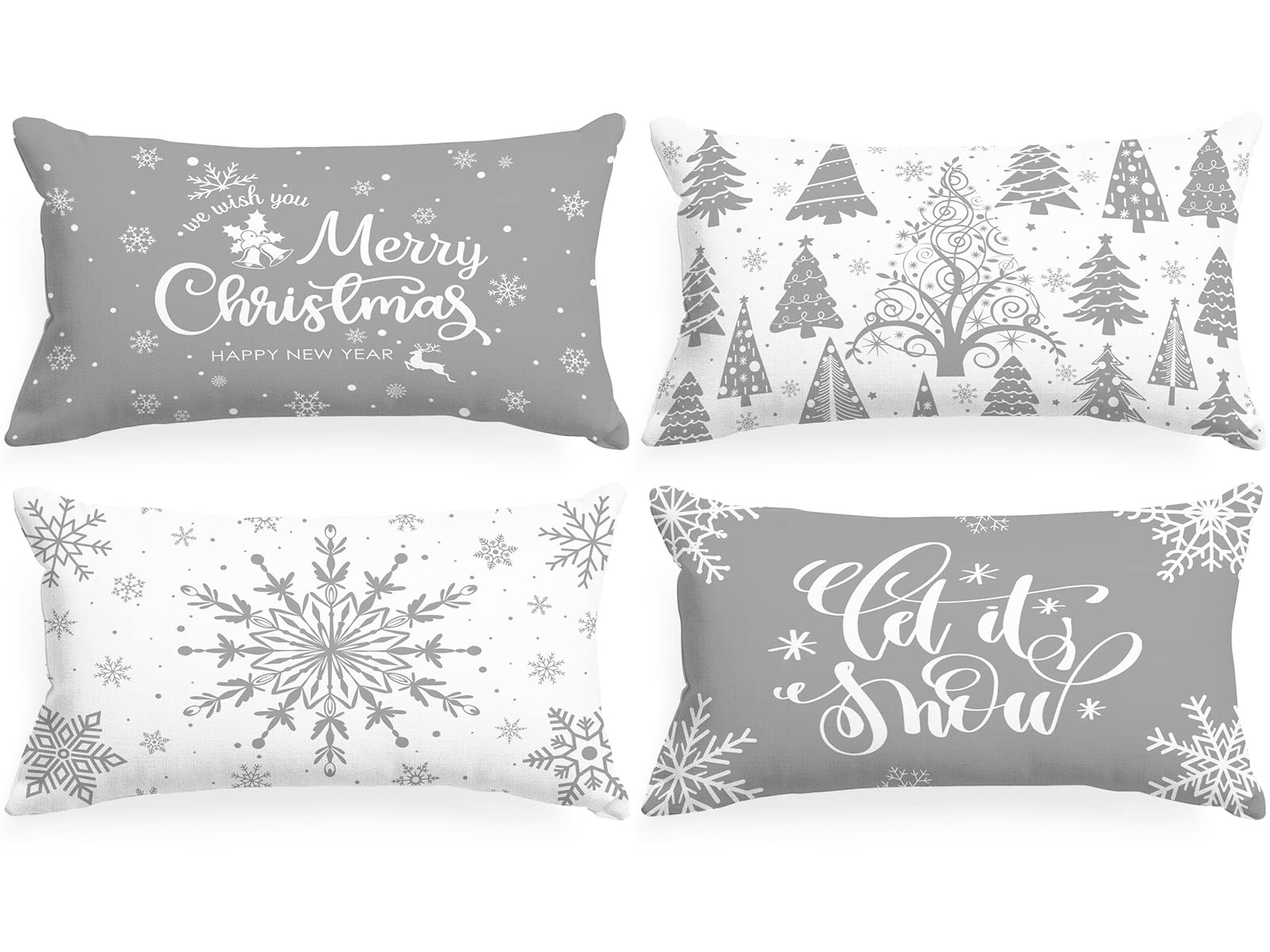 Lanpn White And Grey Christmas Lumbar Throw Pillow Covers 12X20 Set Of 4, Decorative Long Gray Winter Snowflake Xmas Cushion Cov