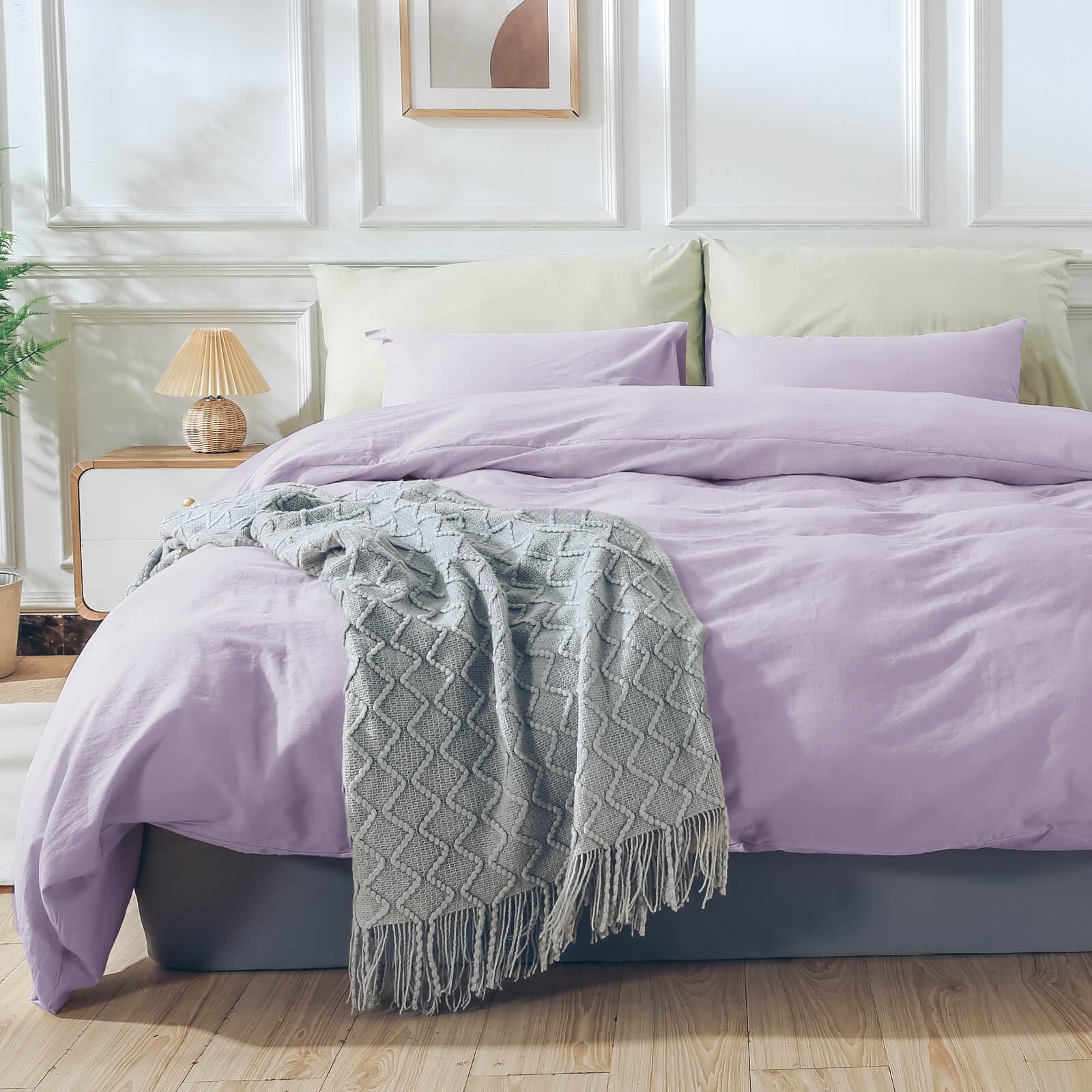 Nexhome Pro Duvet Cover Set 100% Washed Cotton Oversized King 120'X98' Linen Feel Textured Organic Natural 3 Pieces Bedding Set Lavender Lilac Purple With Zipper Closure, Breathable(No Comforter)