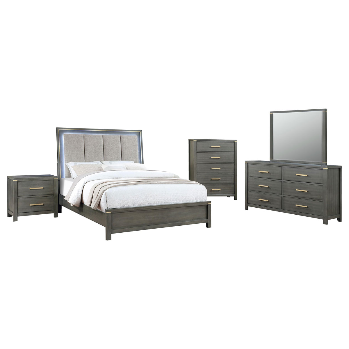 Coaster Home Furnishings Kieran Transitional 5-Piece Bedroom Set Fabric Upholstered Eastern King Size LED Panel Bed Frame 58-inch Headboard Grey 224741KE-S5