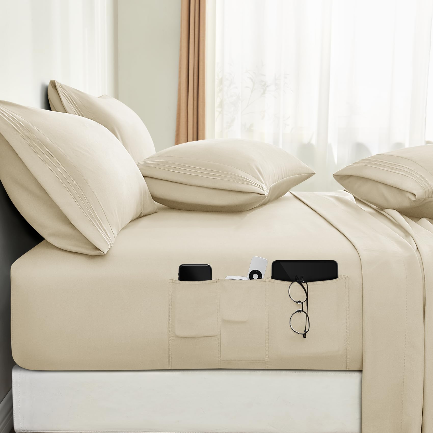 Bysure 6 Pieces Bed Sheets Set With Pockets On Side(Full, Cream), Sweat-Wicking Breathable Sheets, 16-Inch Super Soft Hotel Embr