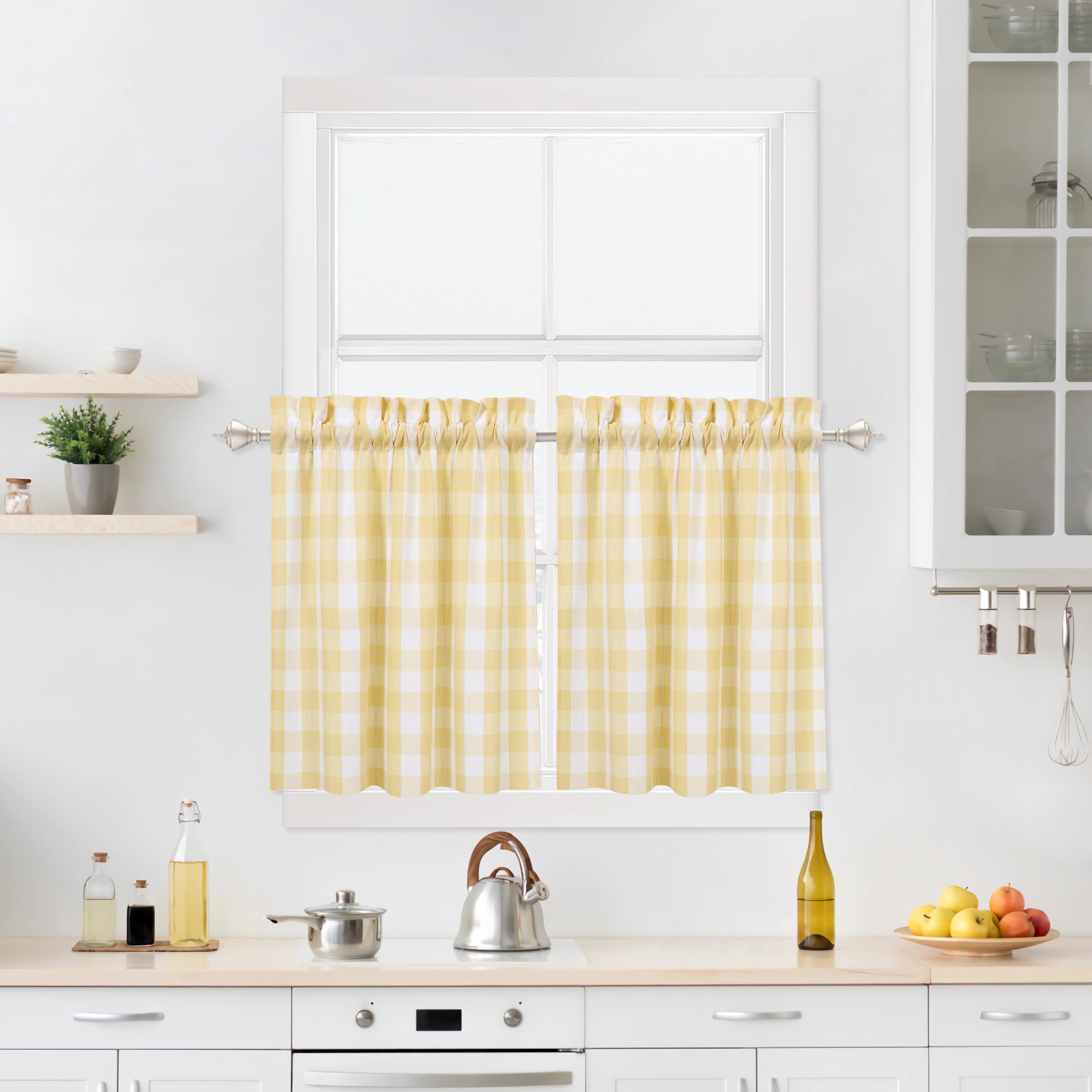Yellow White Buffalo Plaid Cafe Curtains 30 Inches Long, Buffalo Check Kitchen Tier Curtains, Gingham Rod Pocket Short Window Cu