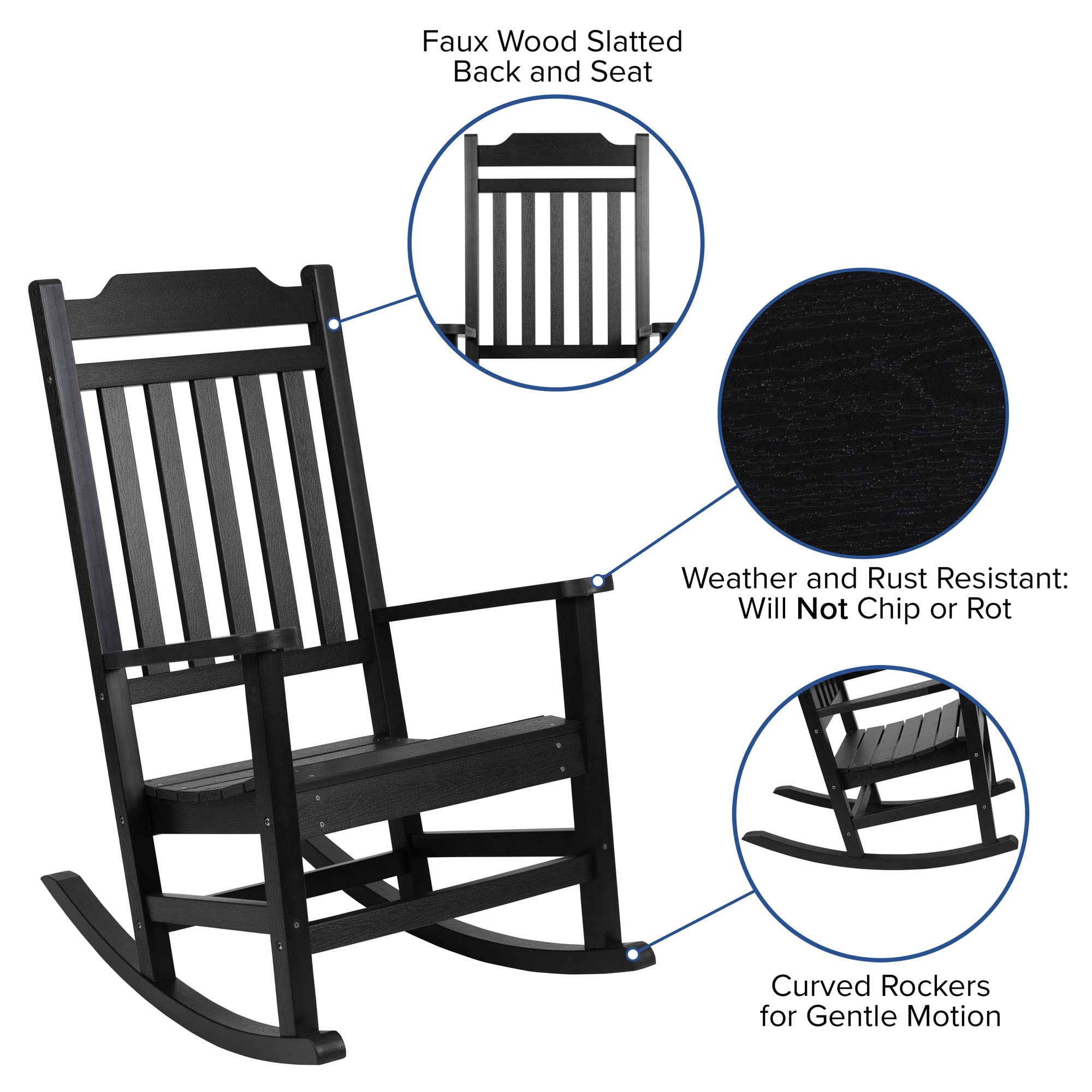 Flash Furniture Winston Set of 2 Rocking Chairs with Side Table - Black Poly Resin - Weather Resistant