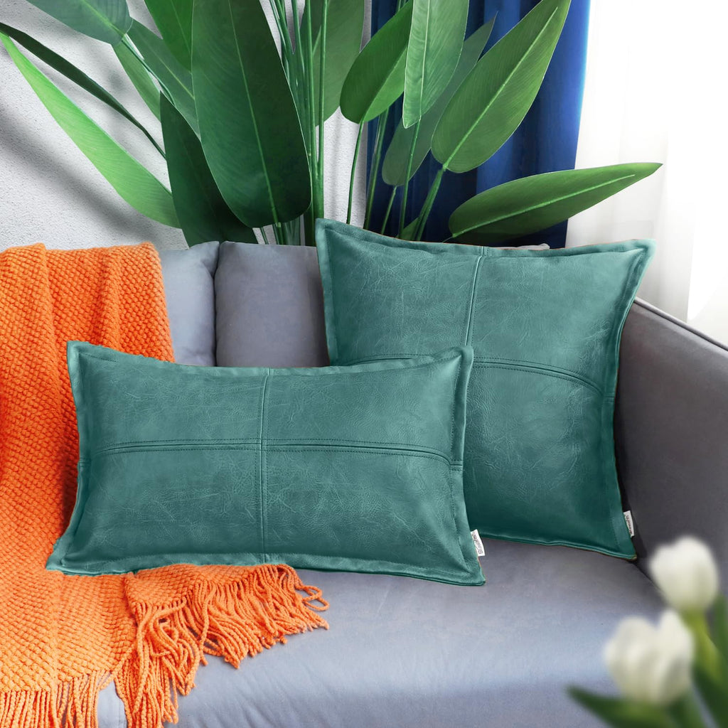 Brawarm Teal Leather Throw Pillow 20 X 20 Inches, Faux Leather Pillow Cover With Piping, Hand Stitched Leather Decorative Throw