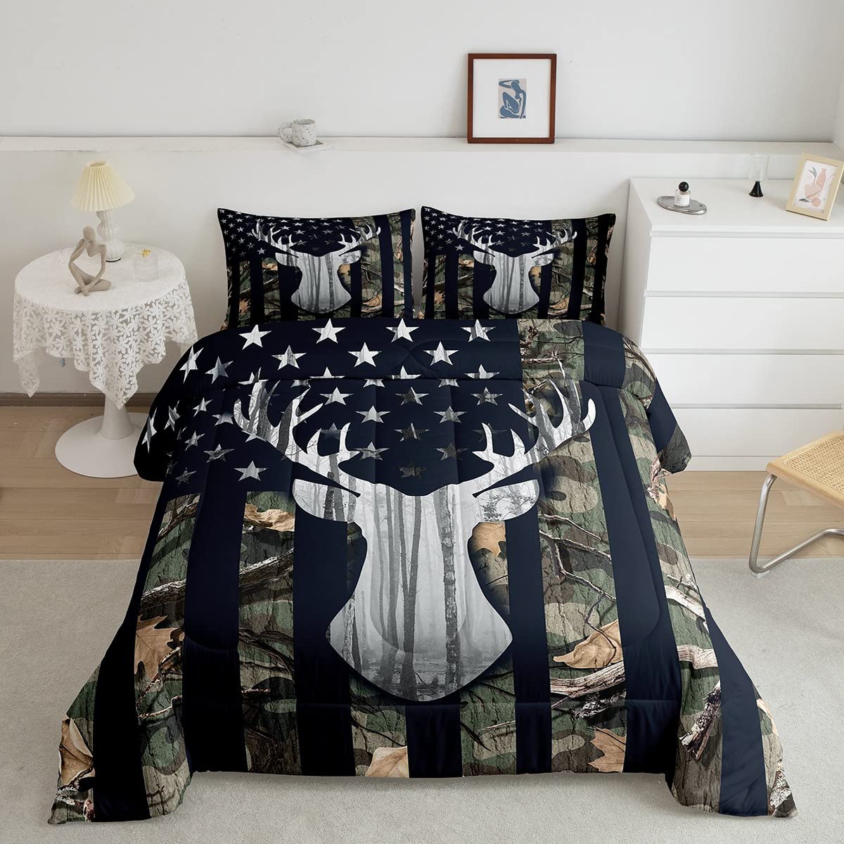 American Flag Boys Bedding Set Queen Size,Deer Antlers Animal Hunting Camo Comforter Set Decor,Army Green Camouflage Camping Com