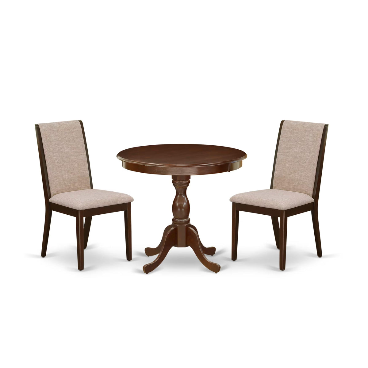 East West Furniture Amla3-Mah-04 3 Piece Dining Set Contains A Round Dining Room Table With Pedestal And 2 Light Tan Linen Fabric Upholstered Parson Chairs, 36X36 Inch, Mahogany