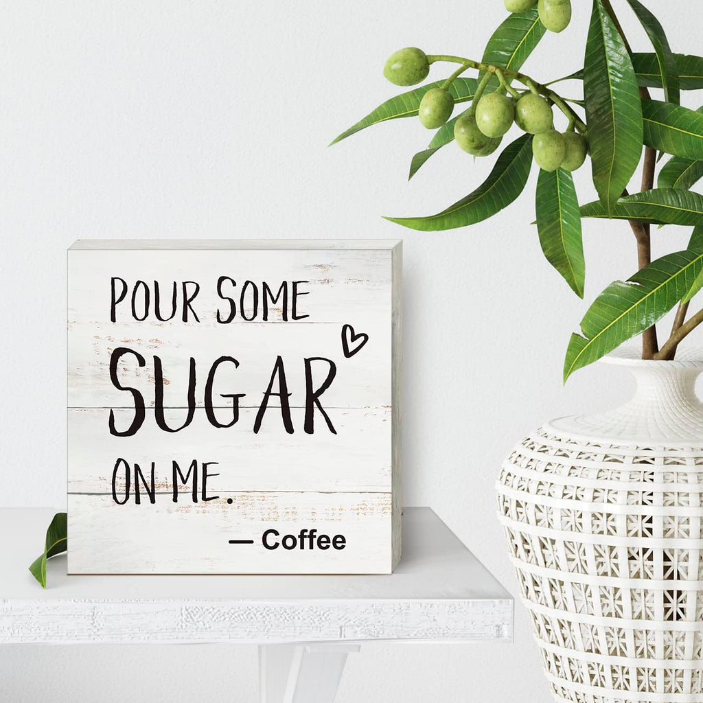 Coffee Wood Box Sign Kitchen Home Decor, Rustic Funny Pour Some Sugar On Me Wooden Box Sign Block Plaque For Wall Tabletop Desk