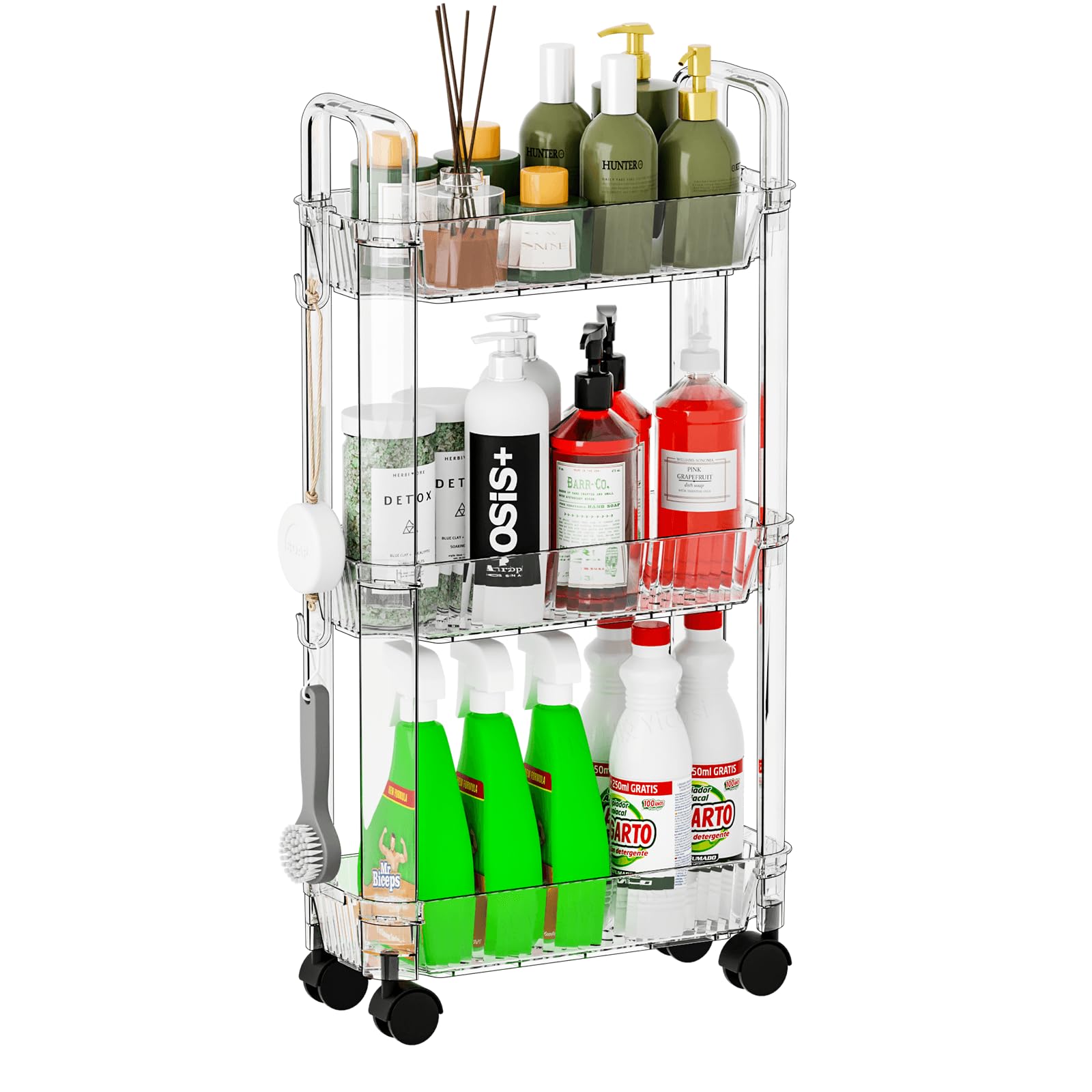 3 Tier Rolling Cart With Wheels,Clear Bathroom Storage Organizer,Narrow Laundry Room Storage And Utility Cart Mobile Shelving Un