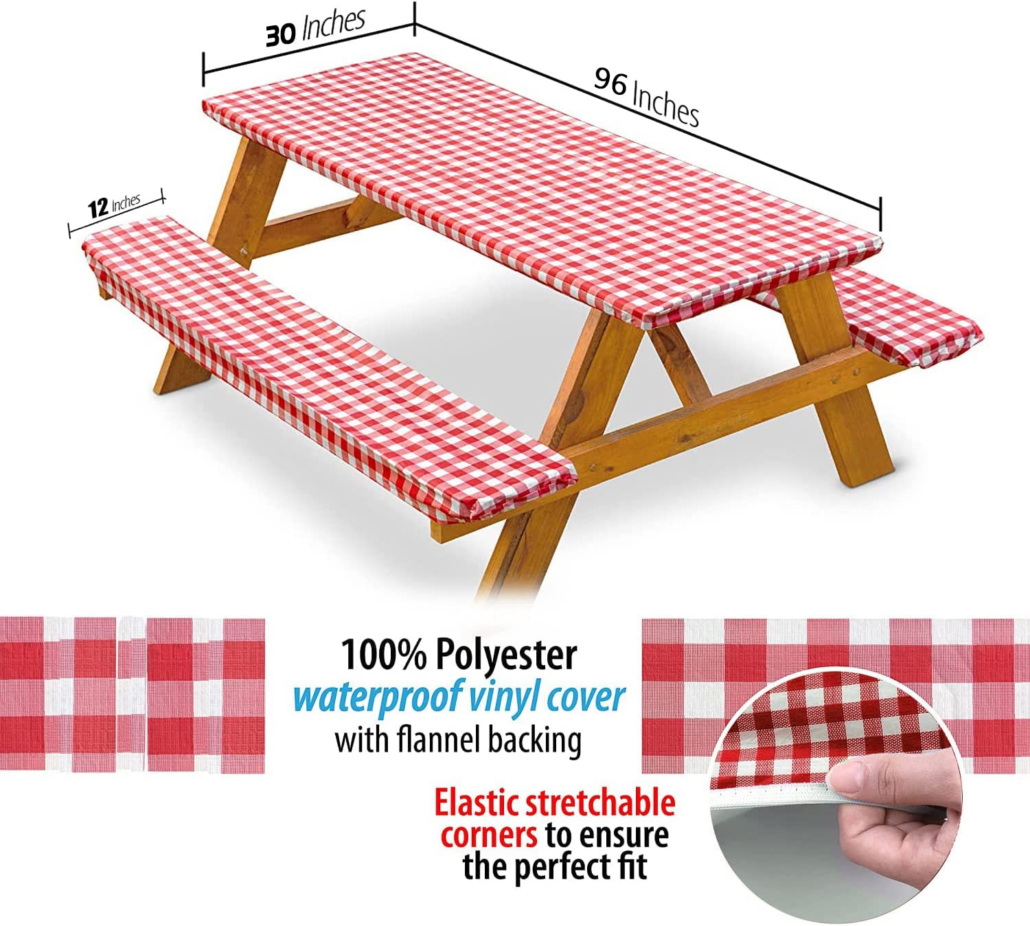 Bealy Picnic Table Covers With Bench Cover Vinyl Tablecloth 96'X30', 8 Foot Tables Fitted Table Cover 3 Set Flannel Backing Elastic Edge Waterproof Wipeable Plastic Covers,Indoor Outdoor Patio