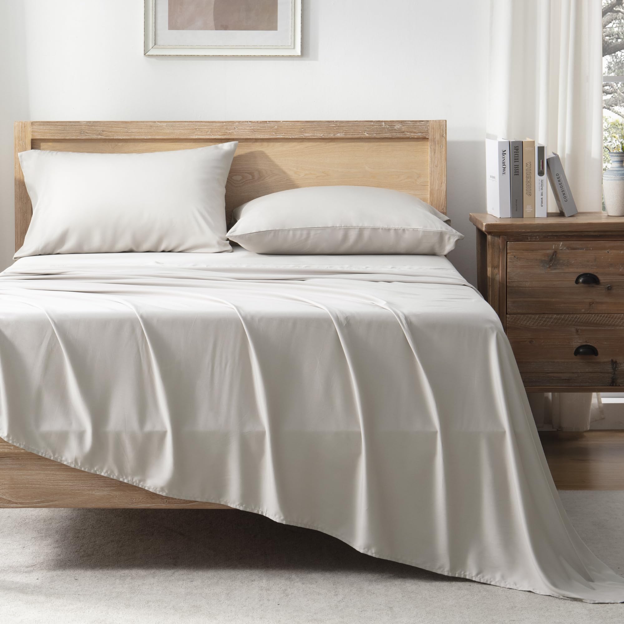 Andency Tannish Grey Queen Sheets Set, 100% Viscose Derived From Bamboo, Cooling Bed Sheets Queen Size, Deep Pocket Up To 16', Silky Soft Sheets