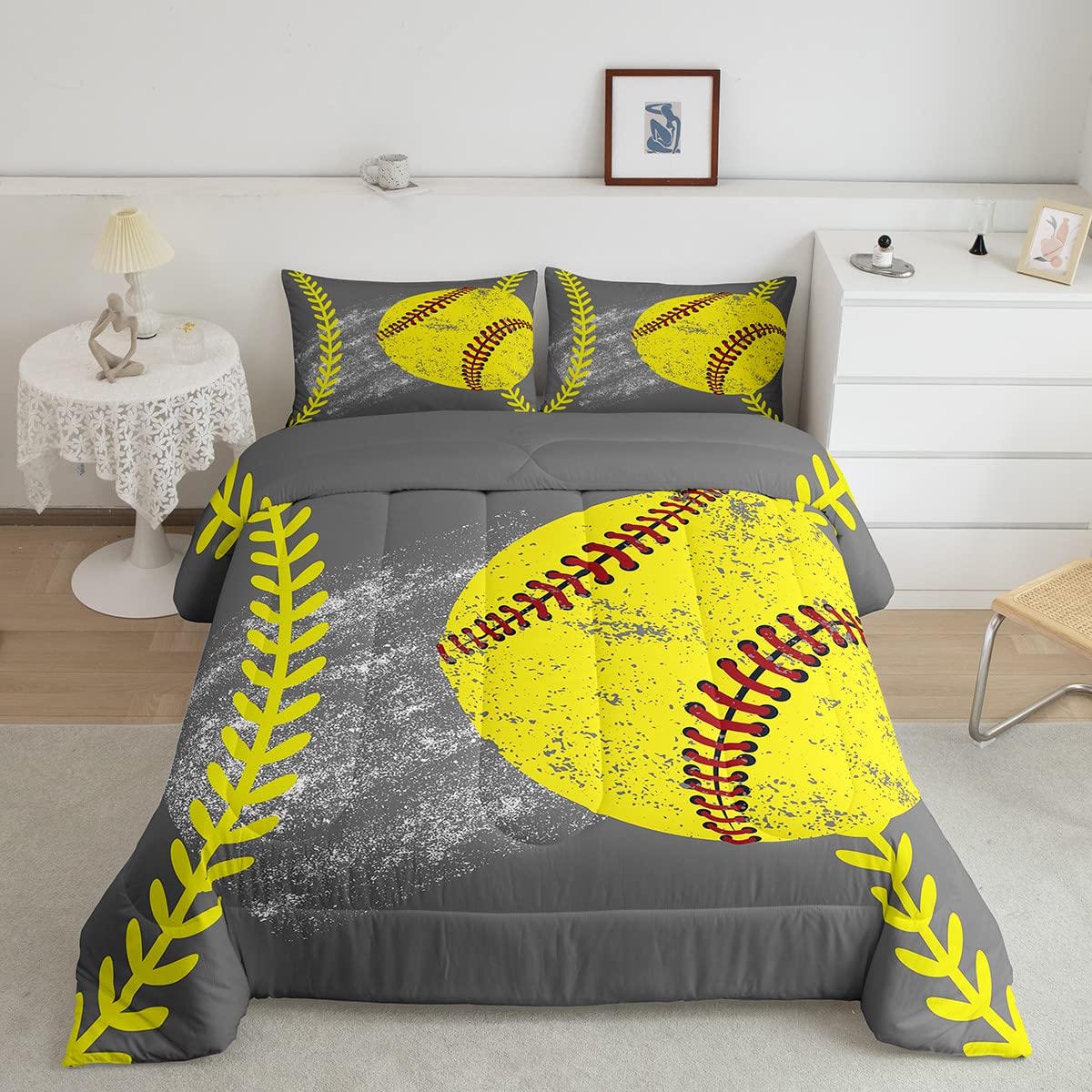 Softball Bedding Full Size,Softball Comforter Set For Girls All Season Soft,Baseball Down Comforter For Kids Youth Man Dorm Deco