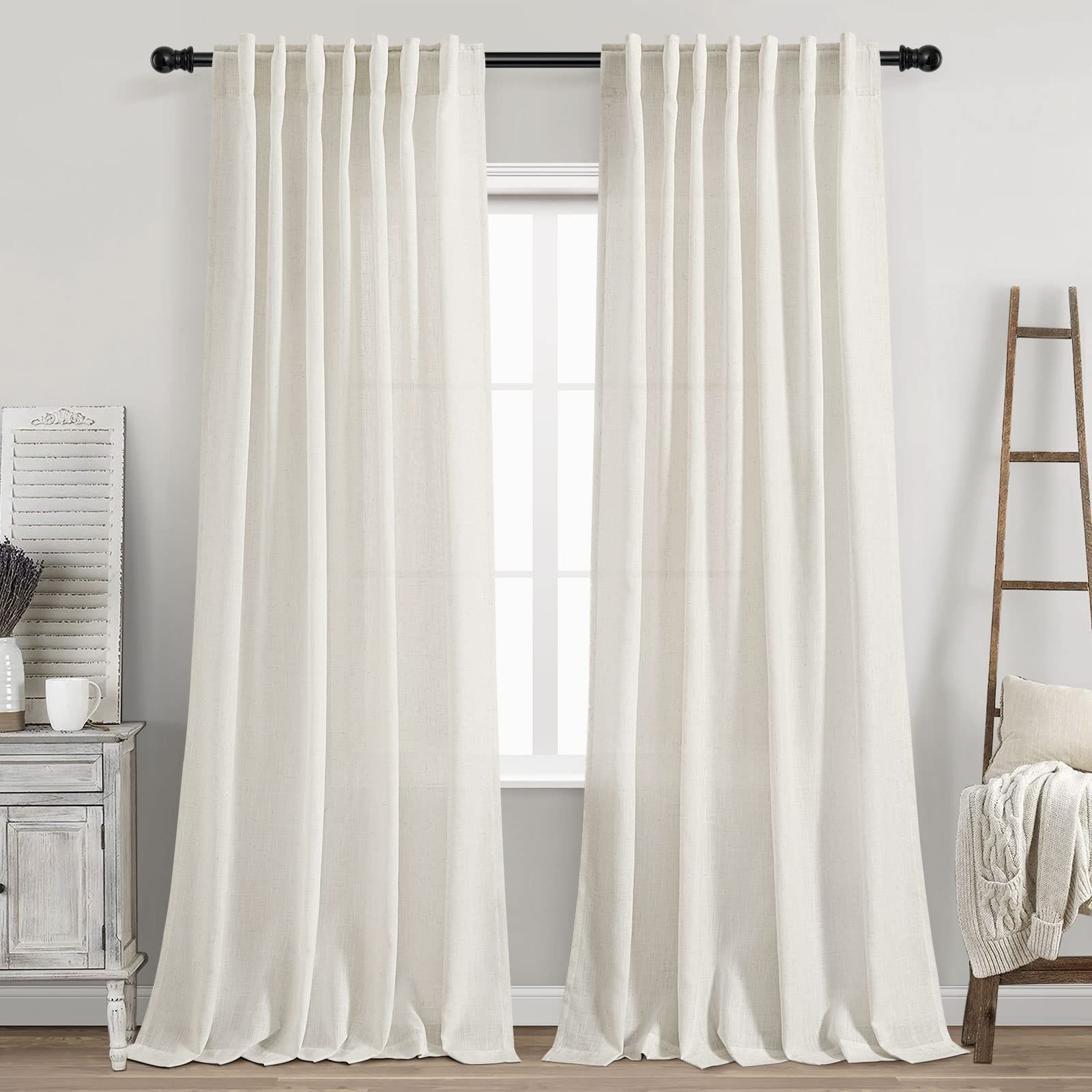 Cream Natural Linen Curtains 90 Inch Length 2 Panels Set for Living Room Rod Pocket Back Tab Pleated Window Curtain Drapes Neutr